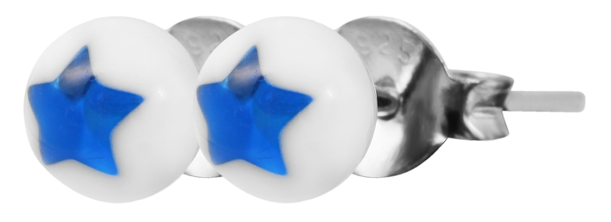 925/- Echt Silber Kinder Ohrstecker "Astrid" Perle mit Stern, weiß/blau