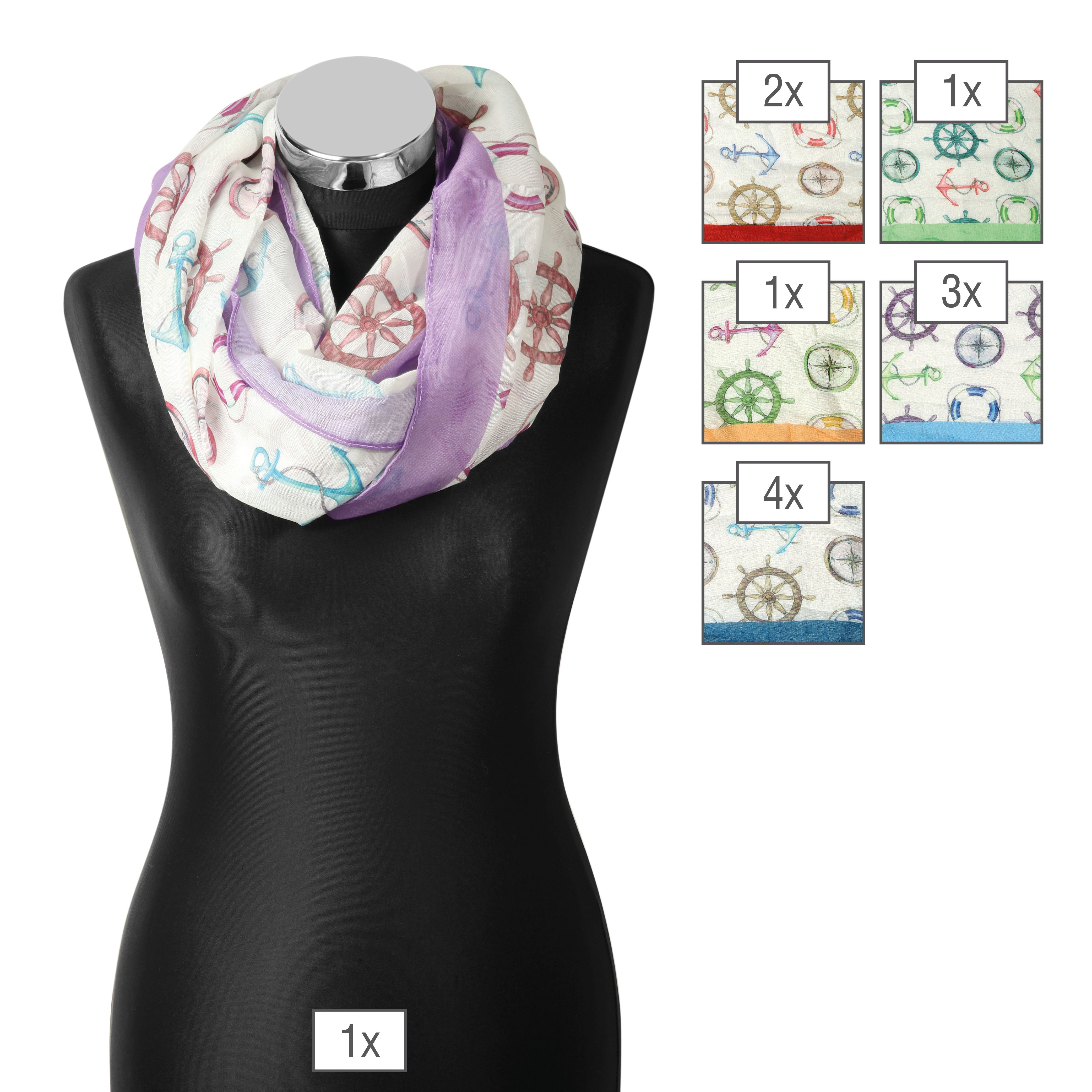 Schalpaket farblich sortiert, Loops, 90 x 70 cm, 30% Baumwolle, 70% Polyester, VE 12