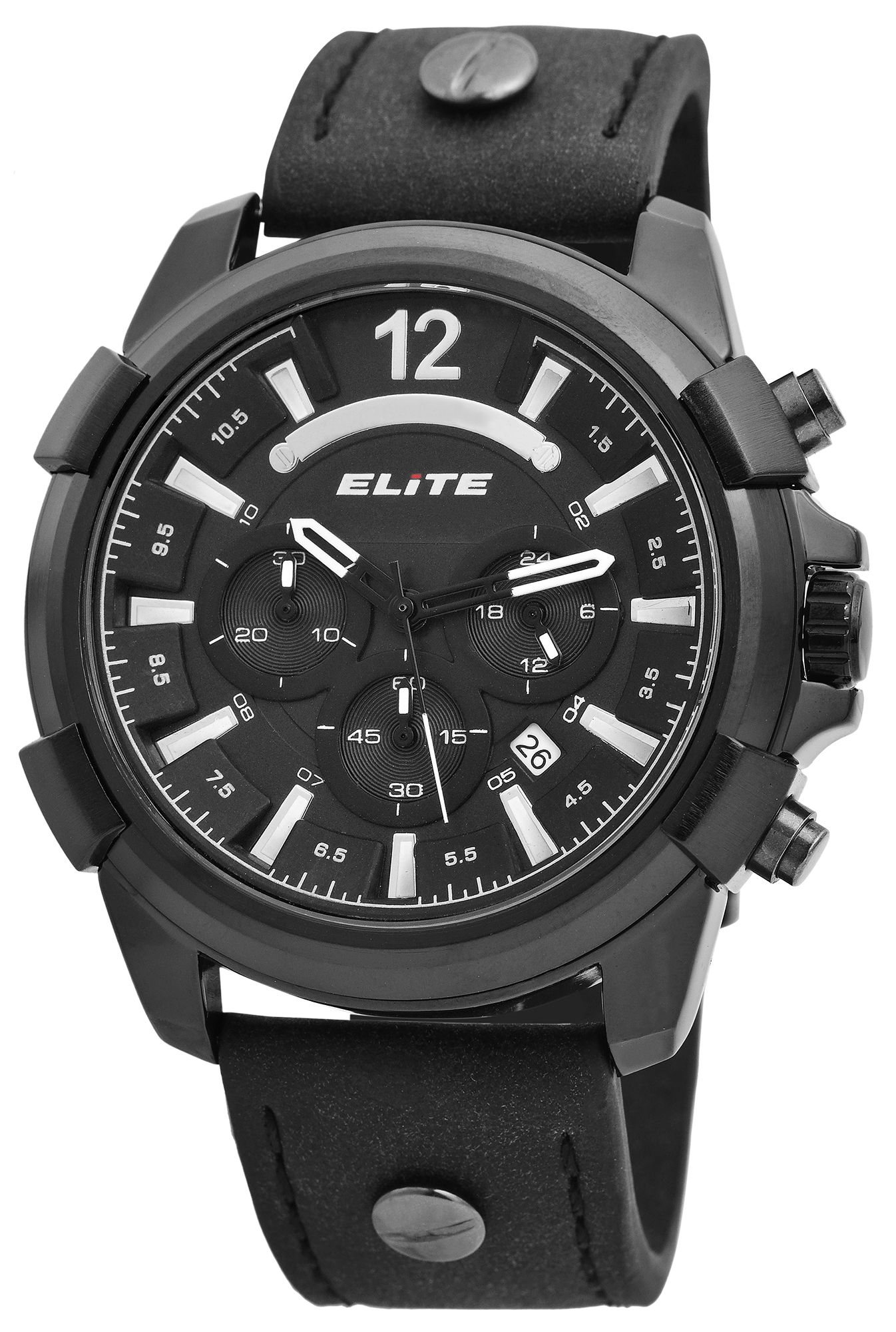 Elite Herren Chronograph mit Lederimitationsband, 3ATM, Schwarz