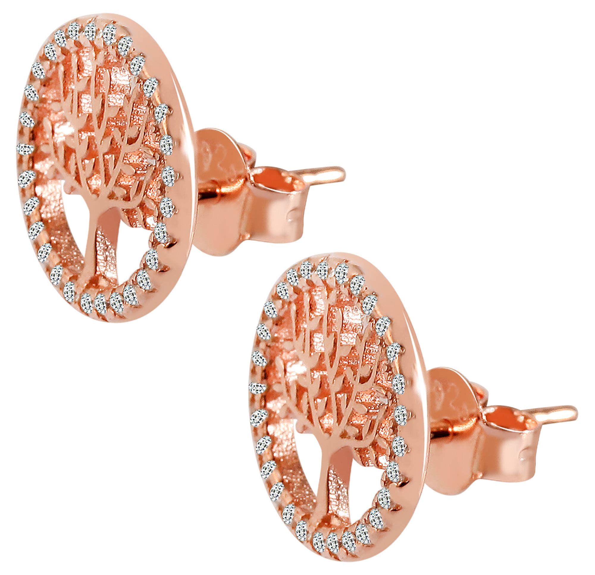 925/- Echt Silber Ohrstecker "Minel" Lebensbaum mit Zirkoniabesatz, rosévergoldet