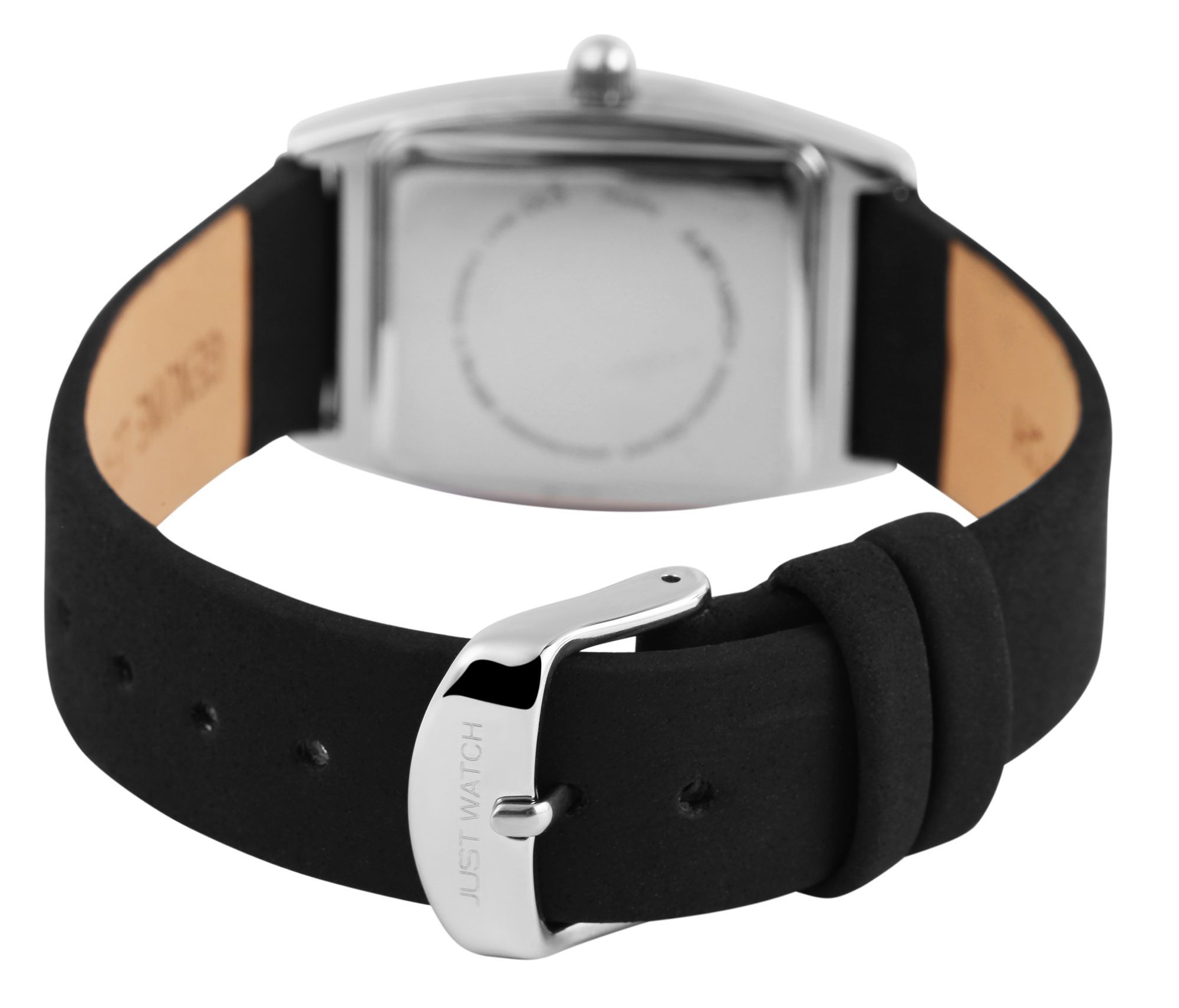 Just Watch Damenuhr mit Echtlederarmband, Tonneau, schwarz/silberfarben