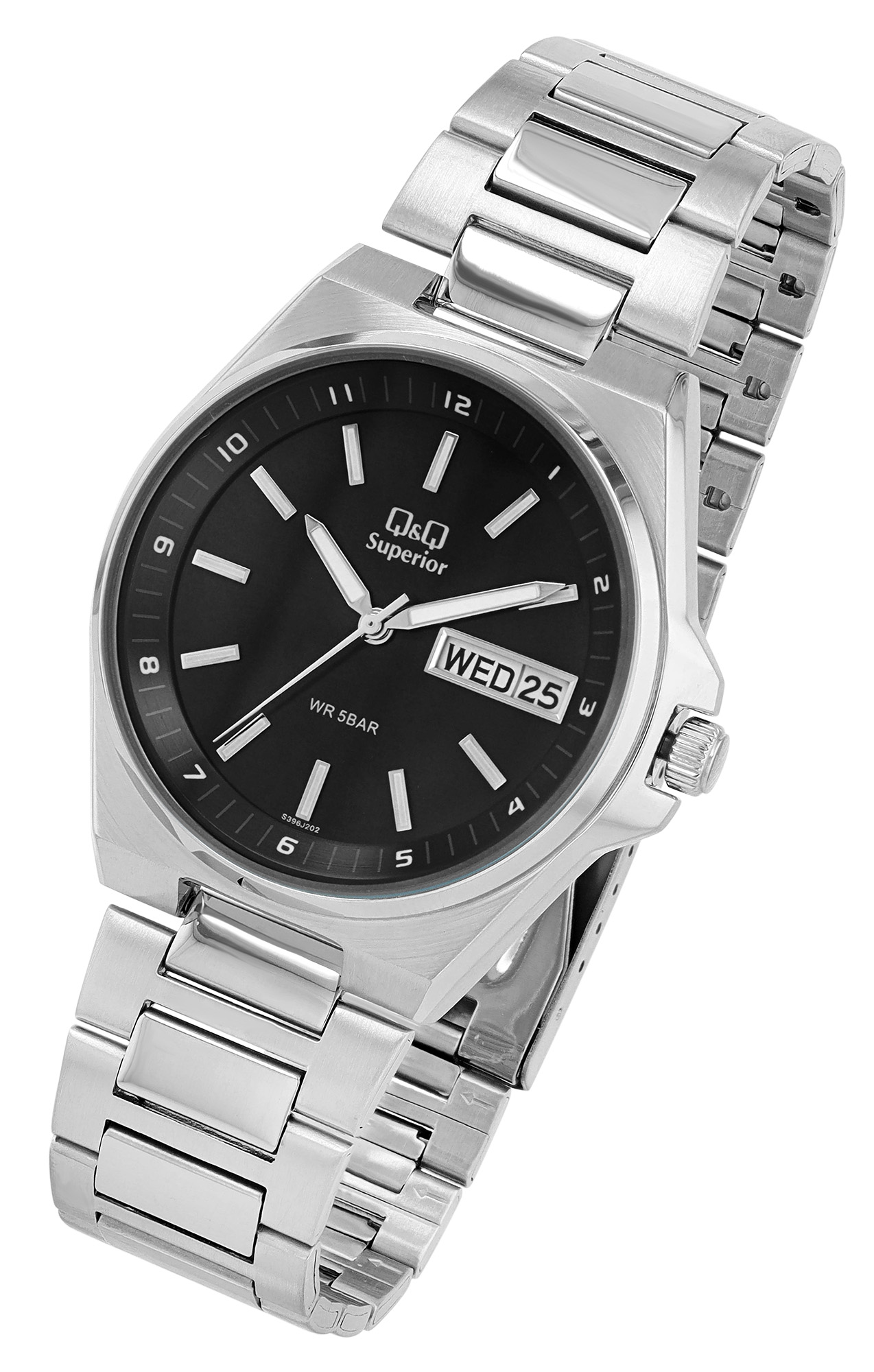 Q&Q Superior Herrenuhr Ø 40 mm, Edelstahlgehäuse, Edelstahlband, silberfarben/schwarz