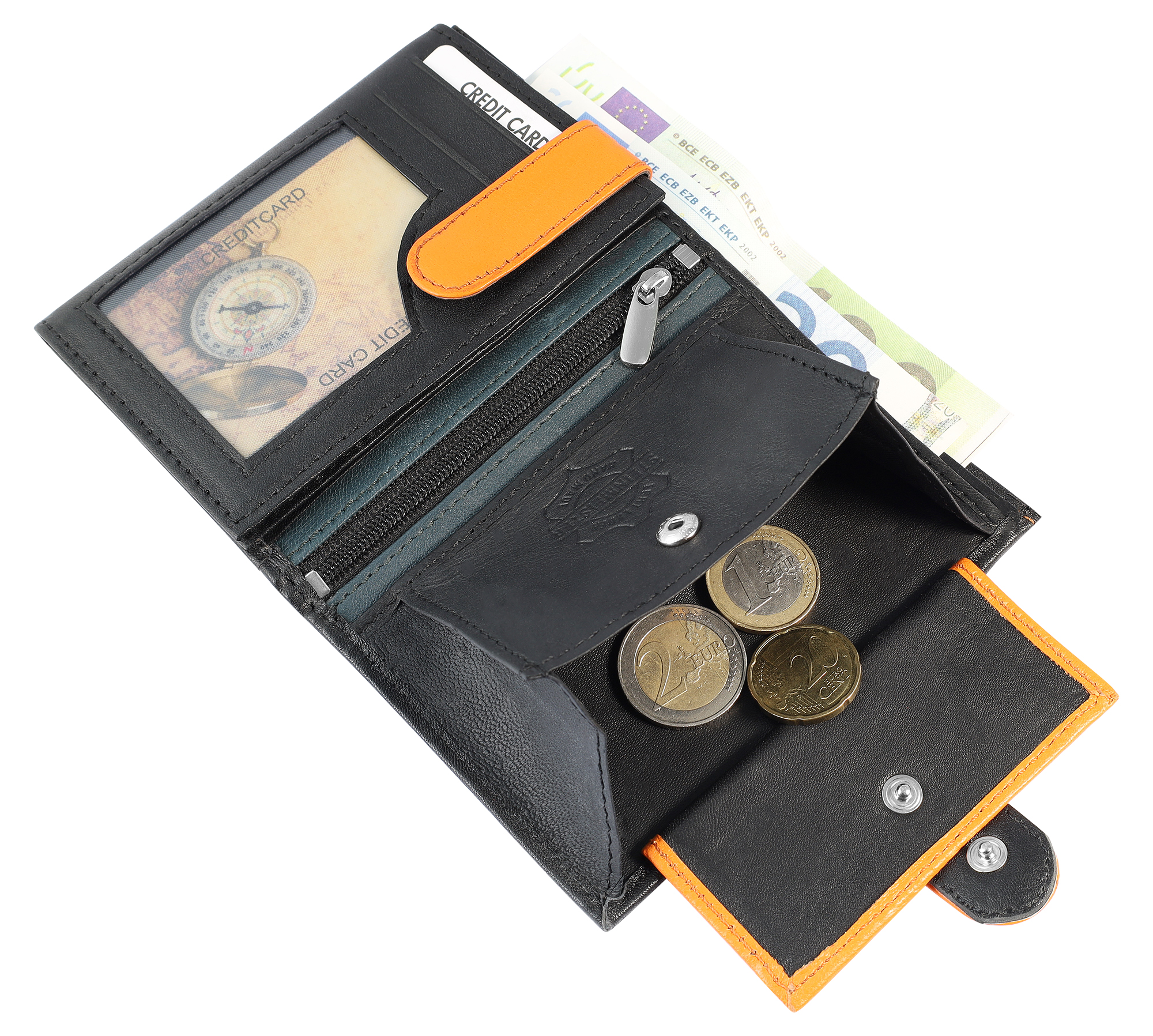 SteinMeister Herren Geldbörse aus Echtleder. Hochformat, schwarz/ orange