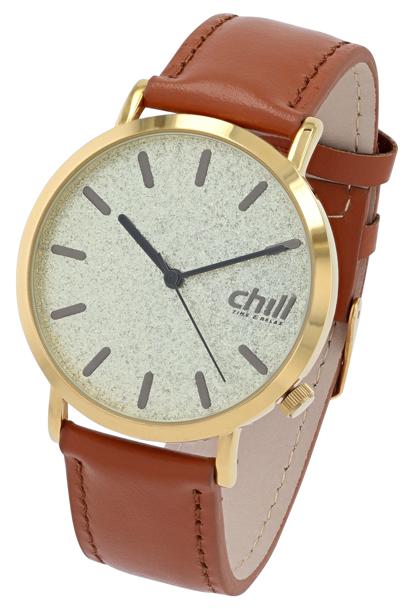 Chill, Damenuhr mit Lederimitat, Ø 40 mm, braun/ goldfarben/ Glitter-Optik