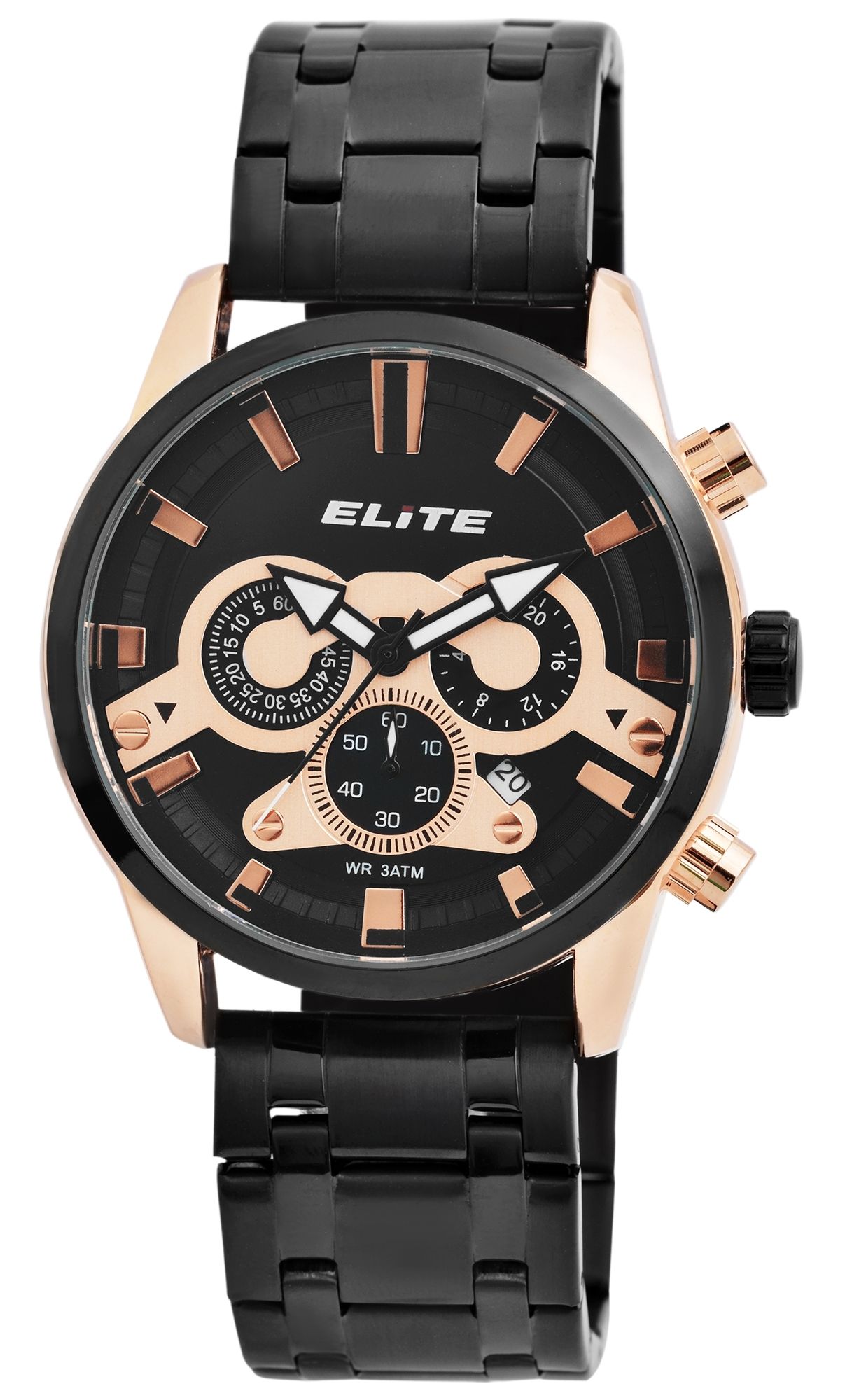 Elite Herren Chronograph mit Metallband, 3ATM, Schwarz/ roségoldfarbig