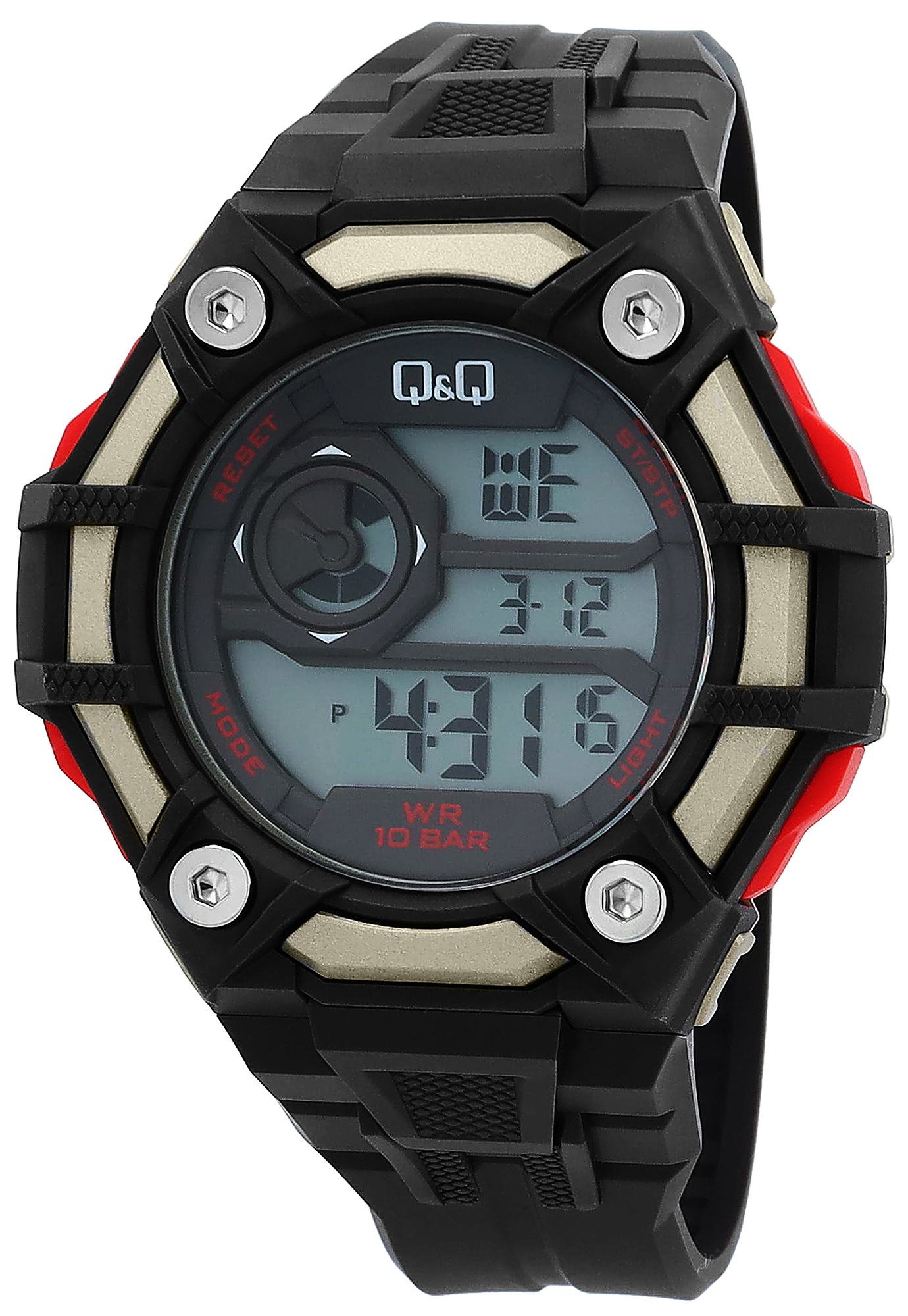 Q&Q Herren Digitaluhr, Silikonarmband, multifunktion, braun/goldfarben/rot