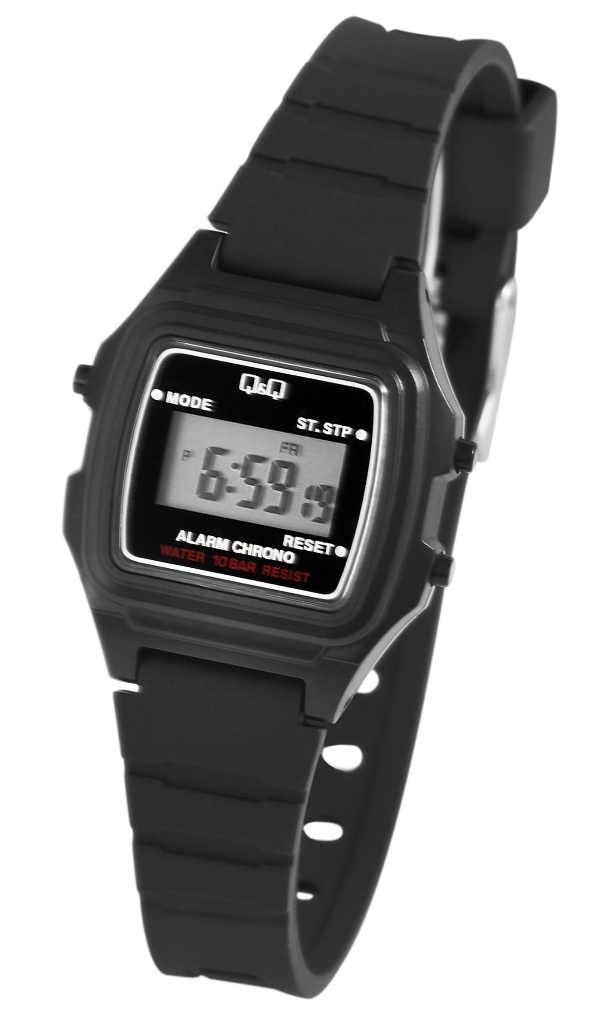 Q&Q Damen Digitaluhr mit Kunststoffarmband in schwarz, 10 Bar wasserdicht