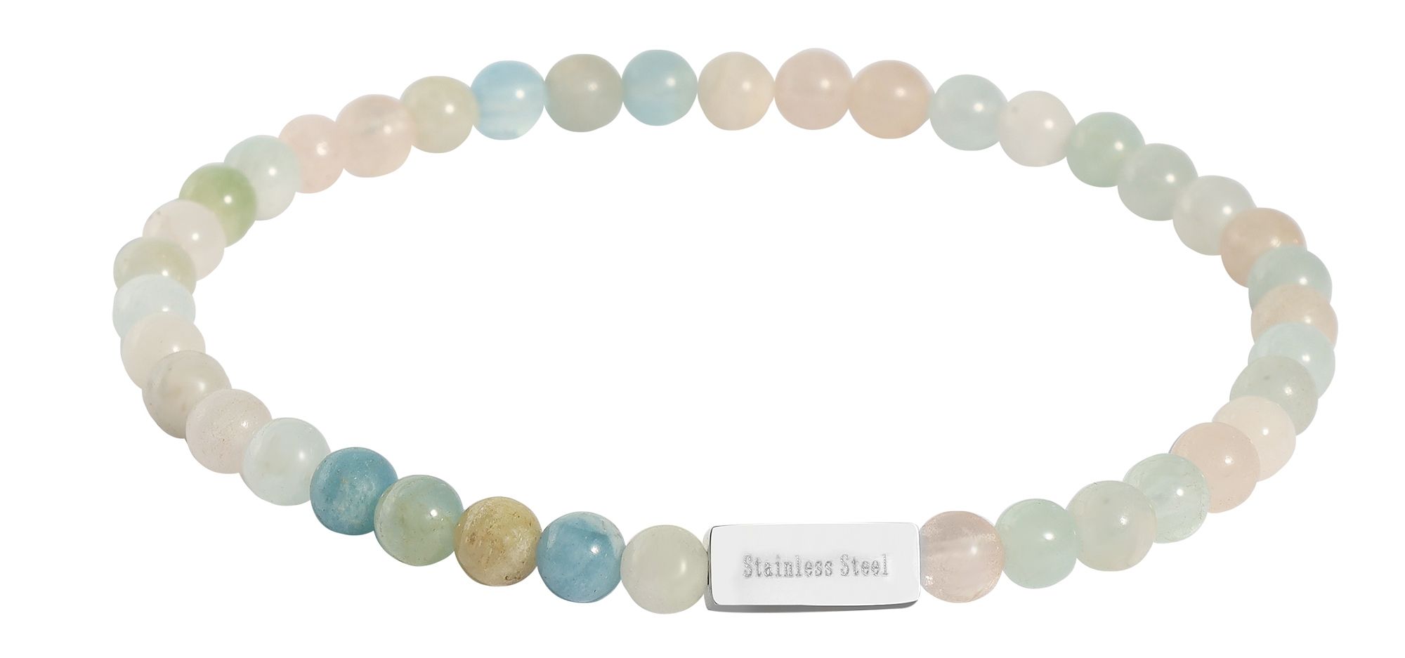 Akzent Kugelarmband, Naturstein (morganite), gravurfähiges Edelstahlelement - silberfarben