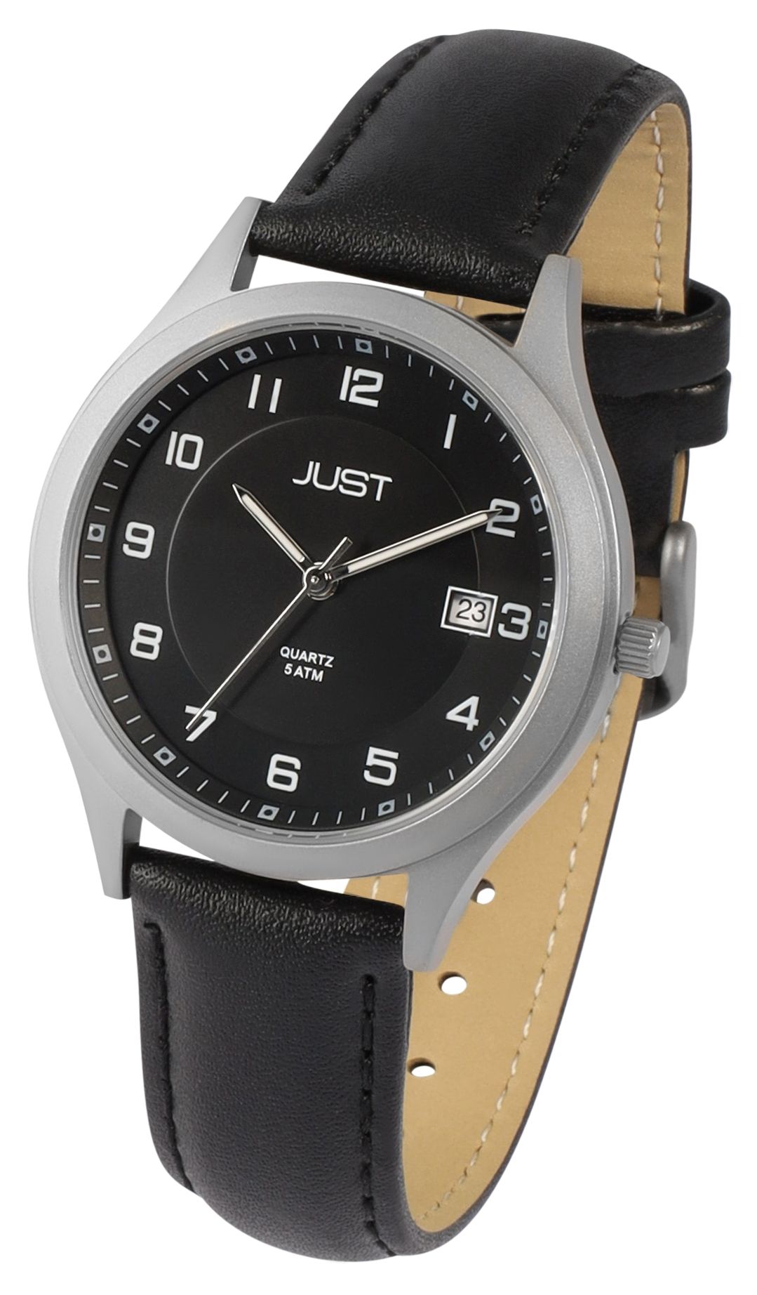 Just "Leon" Herrenuhr mit Echt Lederband, Titangehäuse, 5ATM, Schwarz