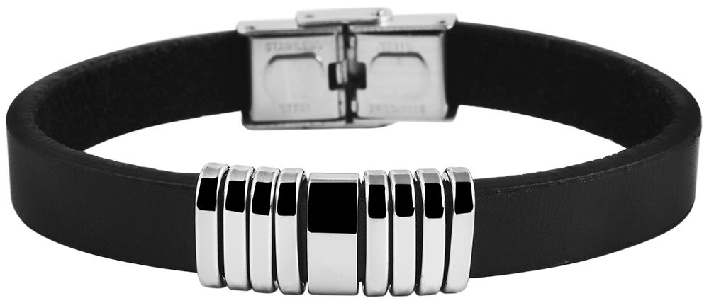 "Yahya", Echtlederarmband, Edelstahlelemente, schwarz/silberfarben, 21 cm