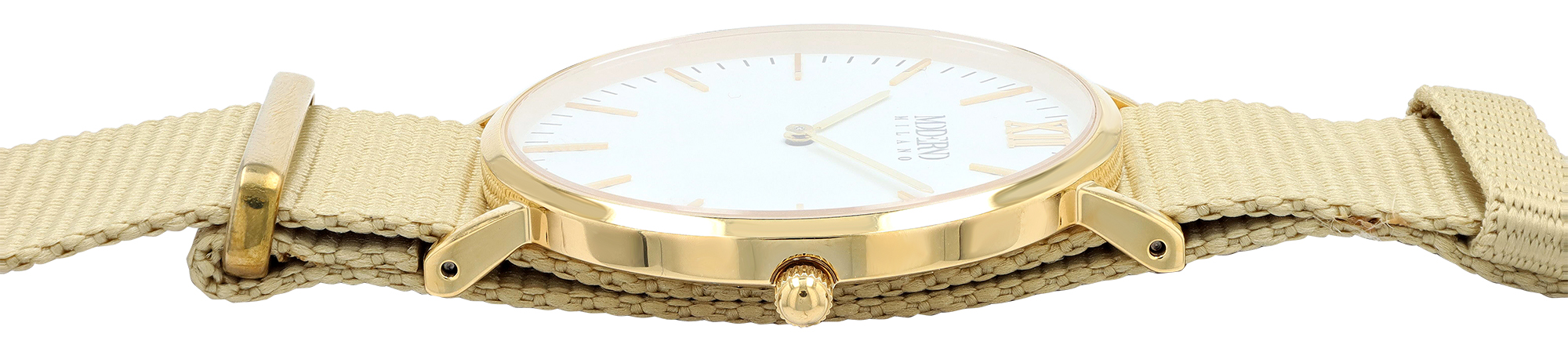Moderno Milano Edelstahl Herrenuhr 41 mm, Saphirglas & Nylon-NATO-Band (beige), goldfarben