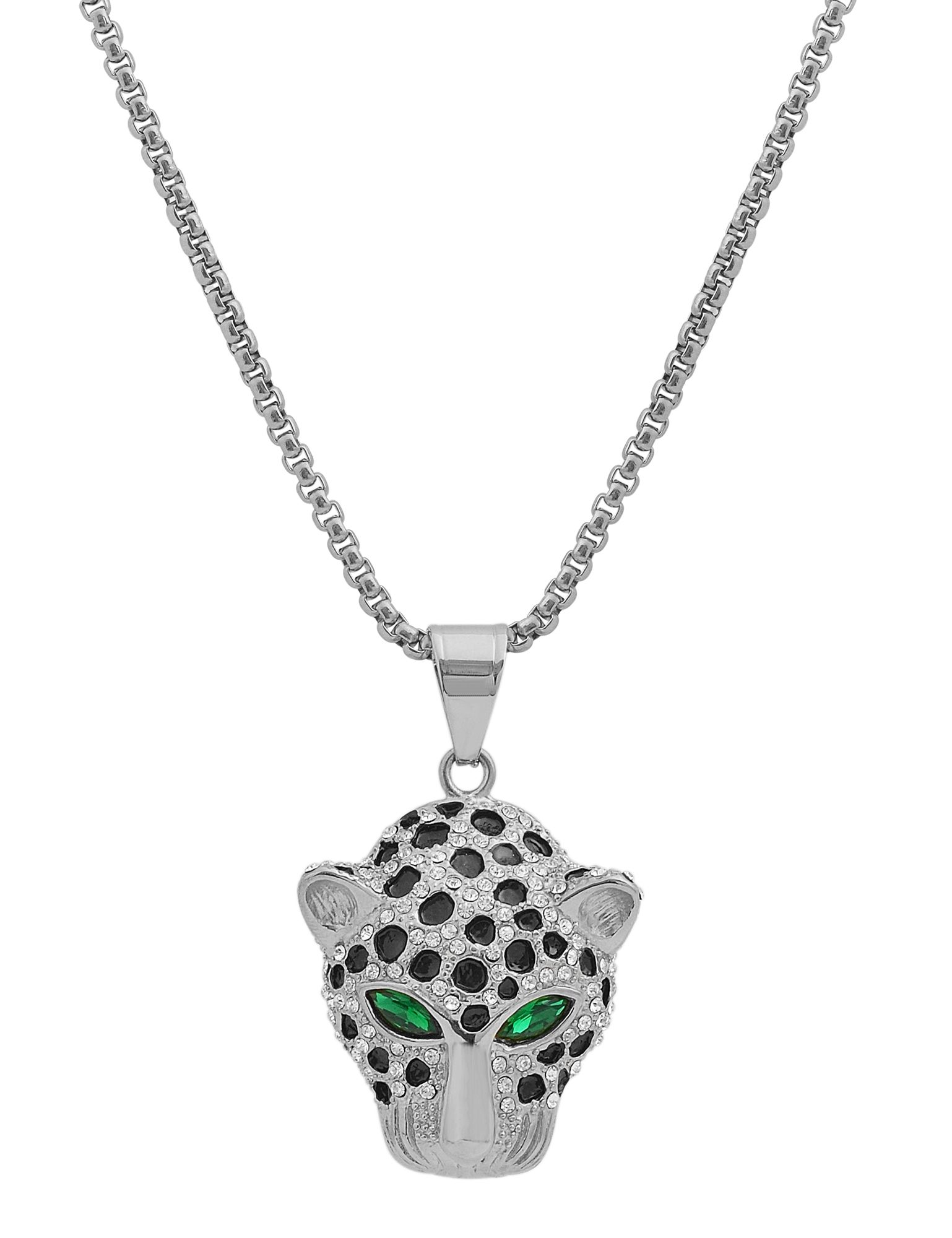 "Arunas" Edelstahl Kette mit Anhänger - Leopardenkopf, 61 cm/ 3 mm, silberfarben