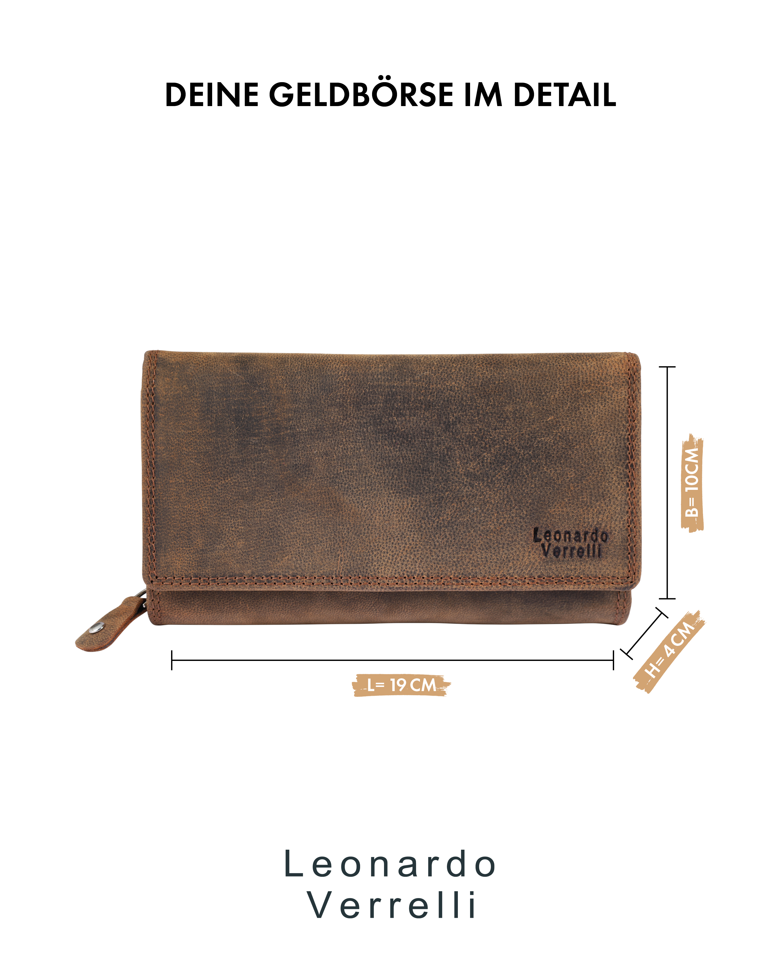 Leonardo Verrelli Echtleder (Hunter) Damen Geldbörse, Querformat, RFID, braun