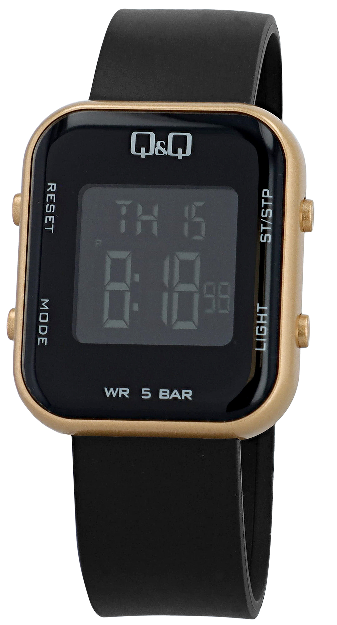 Q&Q Unisex Digitaluhr, Kunststoff, Resinband, schwarz/goldfarben, 5 ATM, 40 x 34 mm