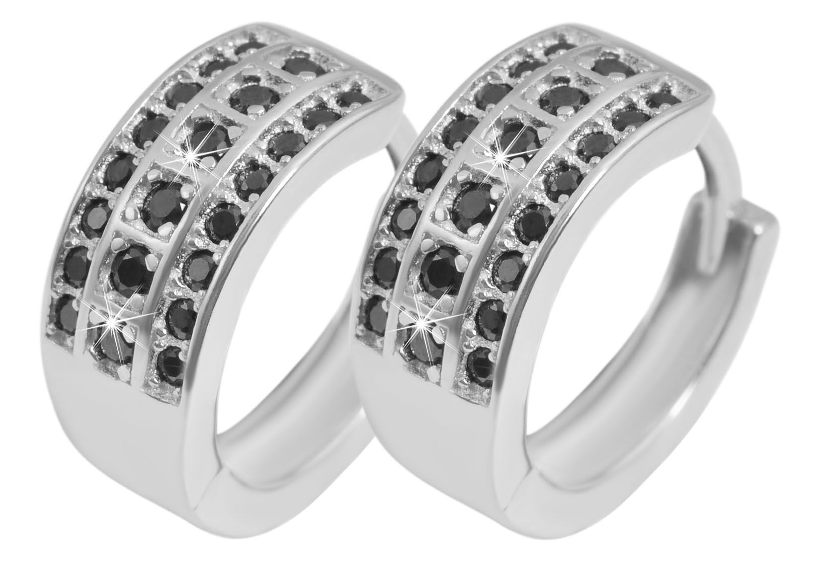 925/- Echt Silber Klappcreolen "Fenja" mit schwarzem Zirkoniabesatz, rhodiniert