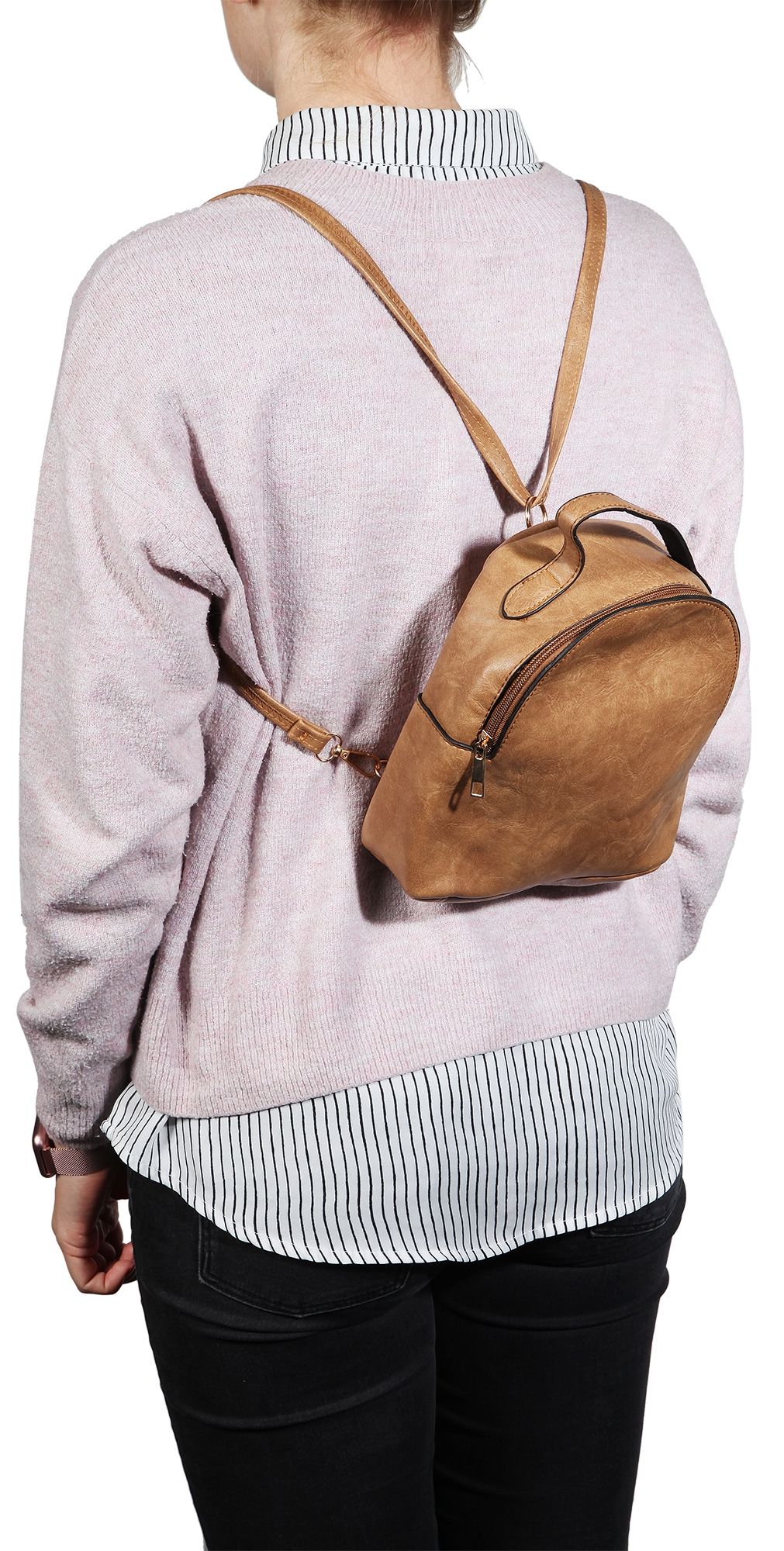 Damen-Rucksack aus Lederimitat, beige, Länge: 21,5 cm / Breite: 19,0 cm / Stärke: 8,0 cm