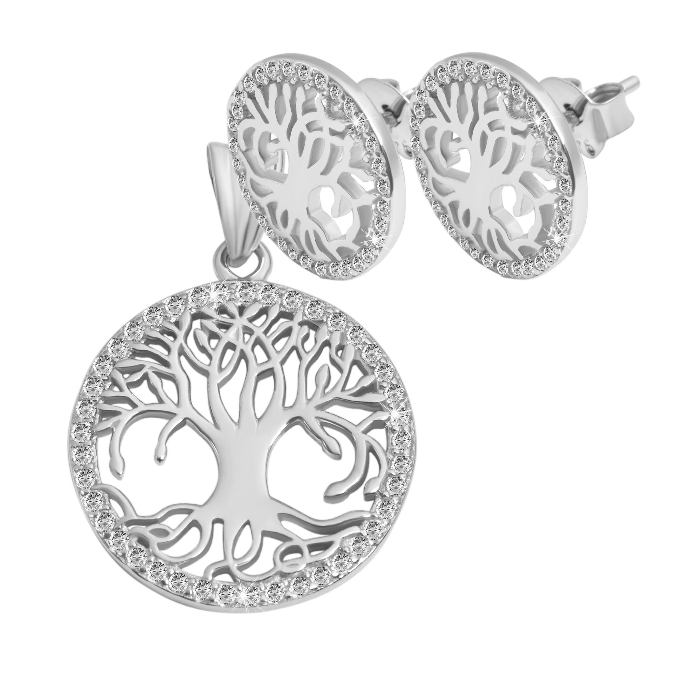 "Majara" 925/- Echt Silber Schmuckset (Ohrringen & Anhänger) Lebensbaum, Zirkonia, rhodiniert