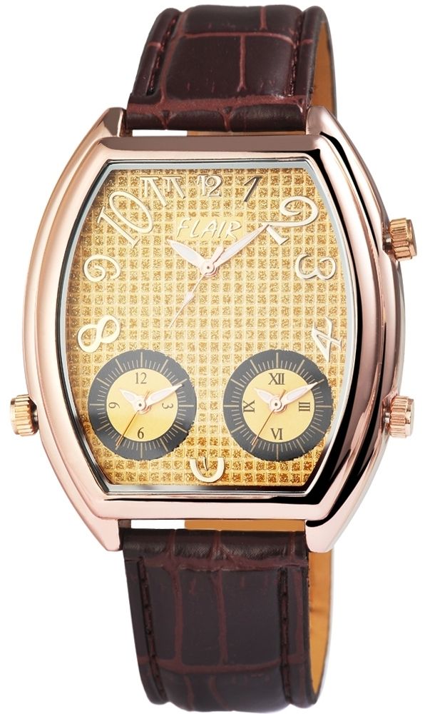 Flair Herrenuhr, Echtlederband, Triple-Time-Zone-Uhr, braun/ goldfarben