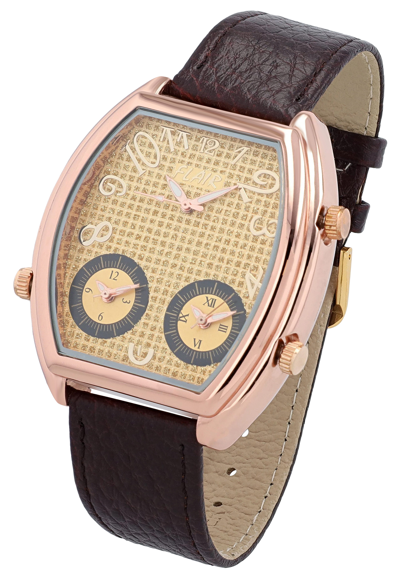 Flair Herrenuhr, Echtlederband, Triple-Time-Zone-Uhr, braun/ goldfarben