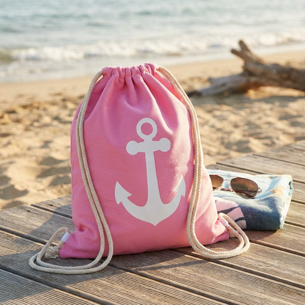 Turnbeutel aus Textil, Anker, pink/weiß