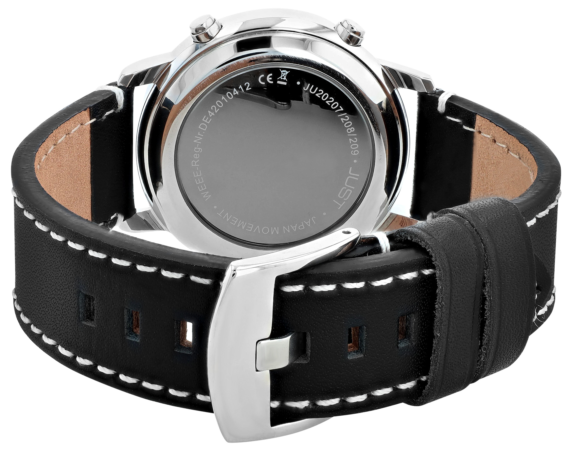 JUST Herren-Funkuhr "Vita Visio" Ø 40 mm (weißes Zifferblatt & Arabische Ziffern), Echtlederband