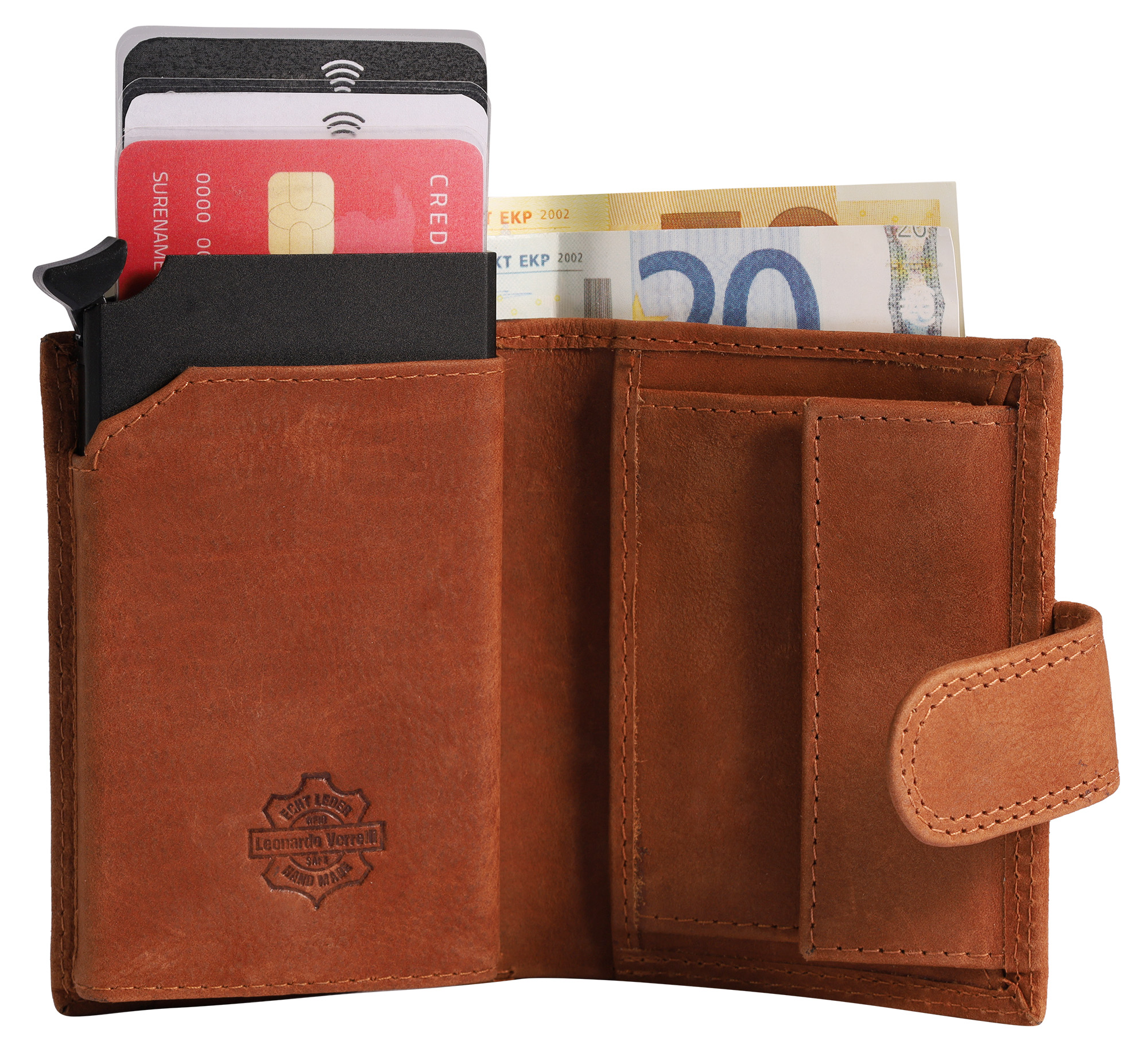 Leonardo Verrelli Echtleder (vintage) Geldbörse mit Pop-up-Kartenhalter, RFID, braun