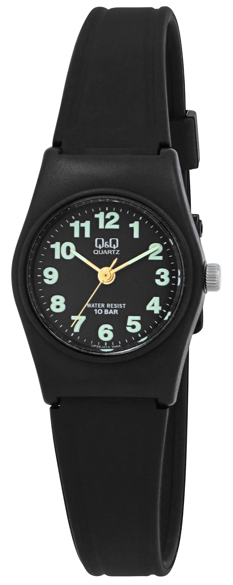 Q&Q Damenuhr mit  Resinband, Ø 24 mm, schwarz/ schwarz (Luminaziffer/-zeiger)