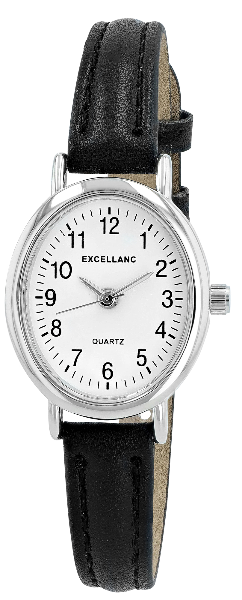 Excellanc ovale Damenuhr, Lederimitatband, schwarz/ silberfarben/ weiß