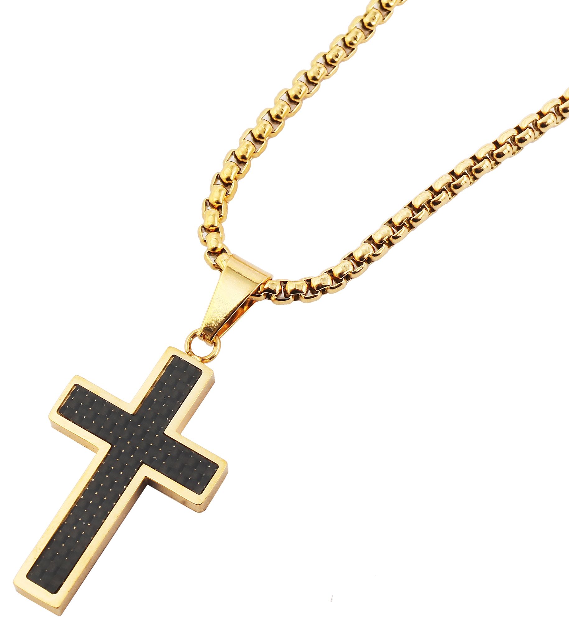 "Julice" Edelstahl Kette mit Anhänger - Kreuz, 61 cm, goldfarben/ Carbon