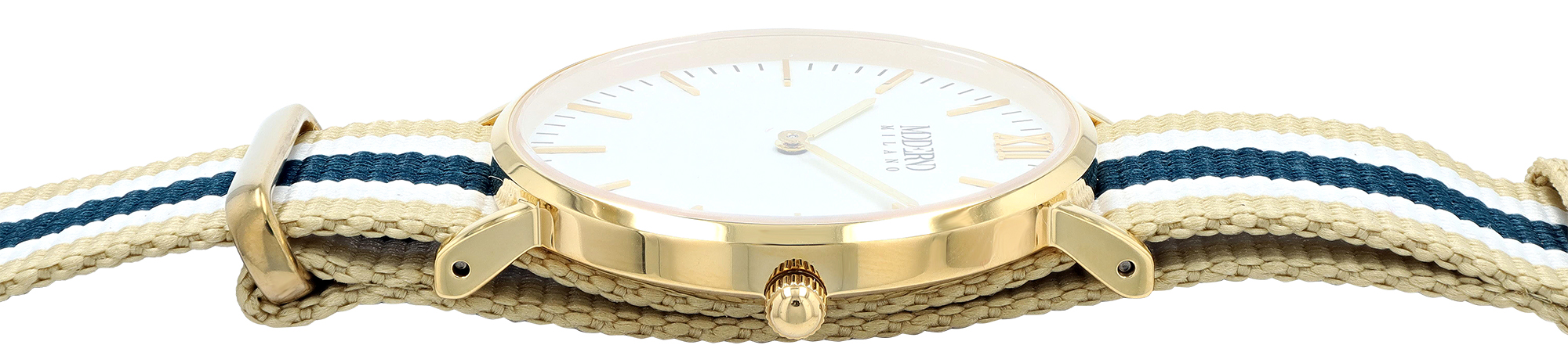 Moderno Milano Edelstahl Damenuhr 36,5 mm, Saphirglas & Nylon-NATO-Band (Blau-Beige-Weiß), goldfarben