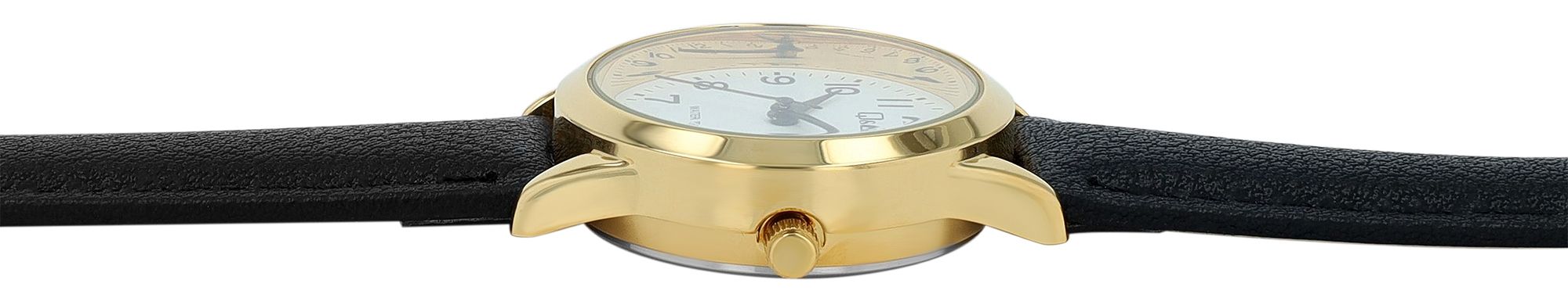 Q&Q Lederbanduhr für Damen, Datumsanzeige, schwarz/goldfarben