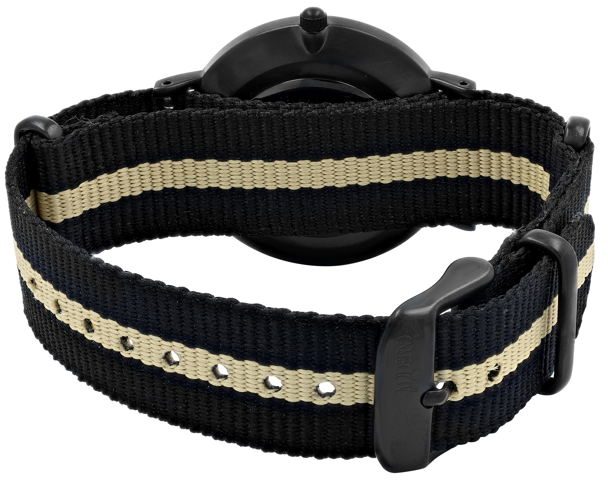 Moderno Milano Edelstahl Damenuhr 36,5 mm, Saphirglas & Nylon-NATO-Band (Schwarz-Beige), schwarz