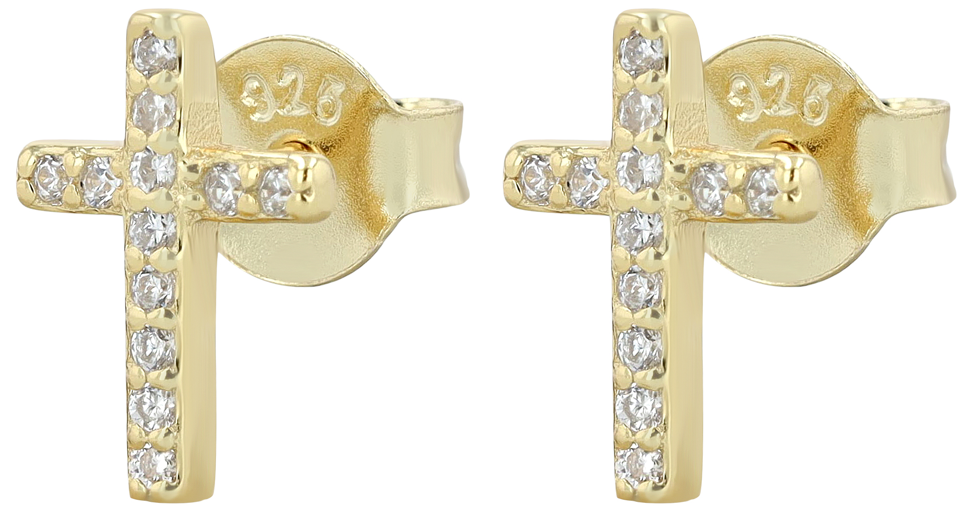 "Kira" 925/- Echt Silber Ohrstecker, Kreuz, weißer Zirkoniabesatz, goldfarben
