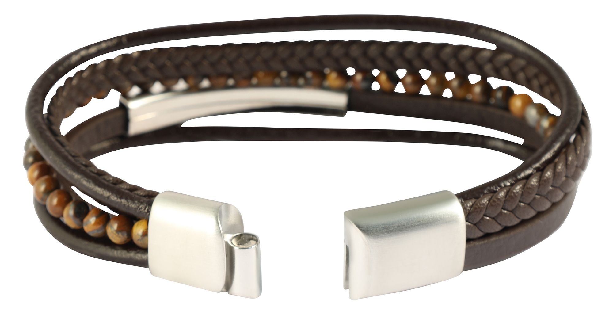 "Nye" 17 cm, Armband aus Lederimitat mit braunem Tigerauge und Gravurplatte, VE-4