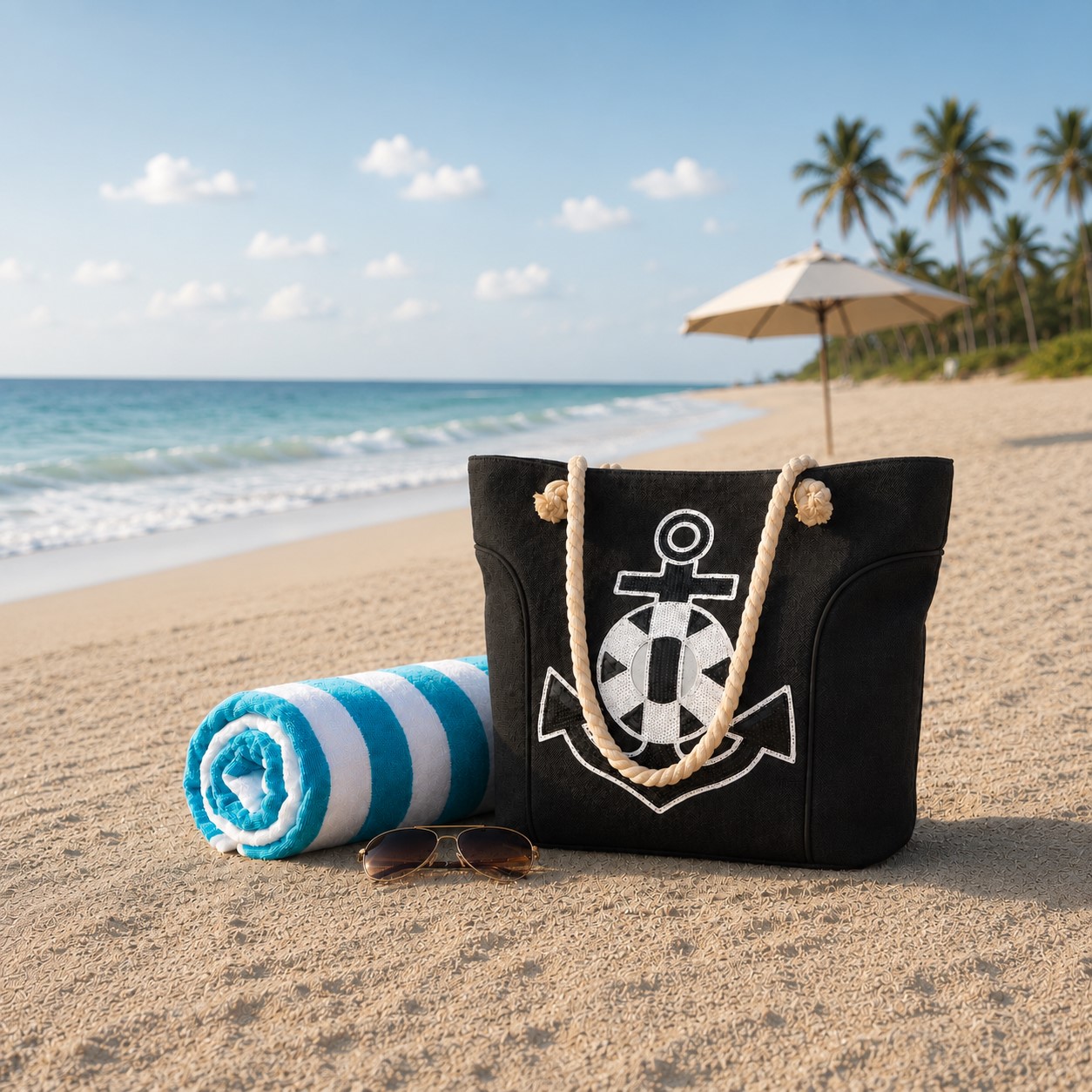 Strandtasche aus Nylon, Ankermotiv aus Pailletten, schwarz
