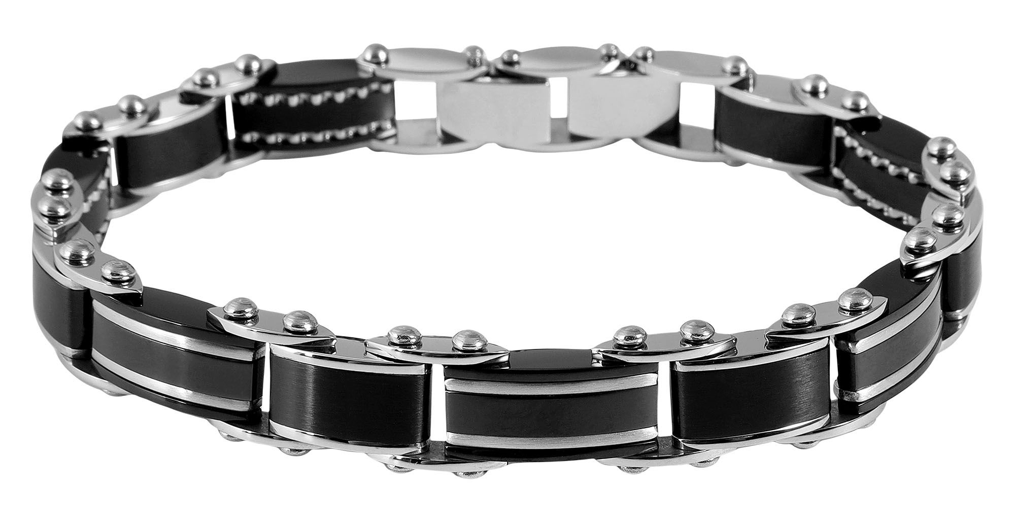 "Bjarne" Edelstahl Armband, 21 cm + 1 cm, mit schwarzen Elementen, Verlängerung