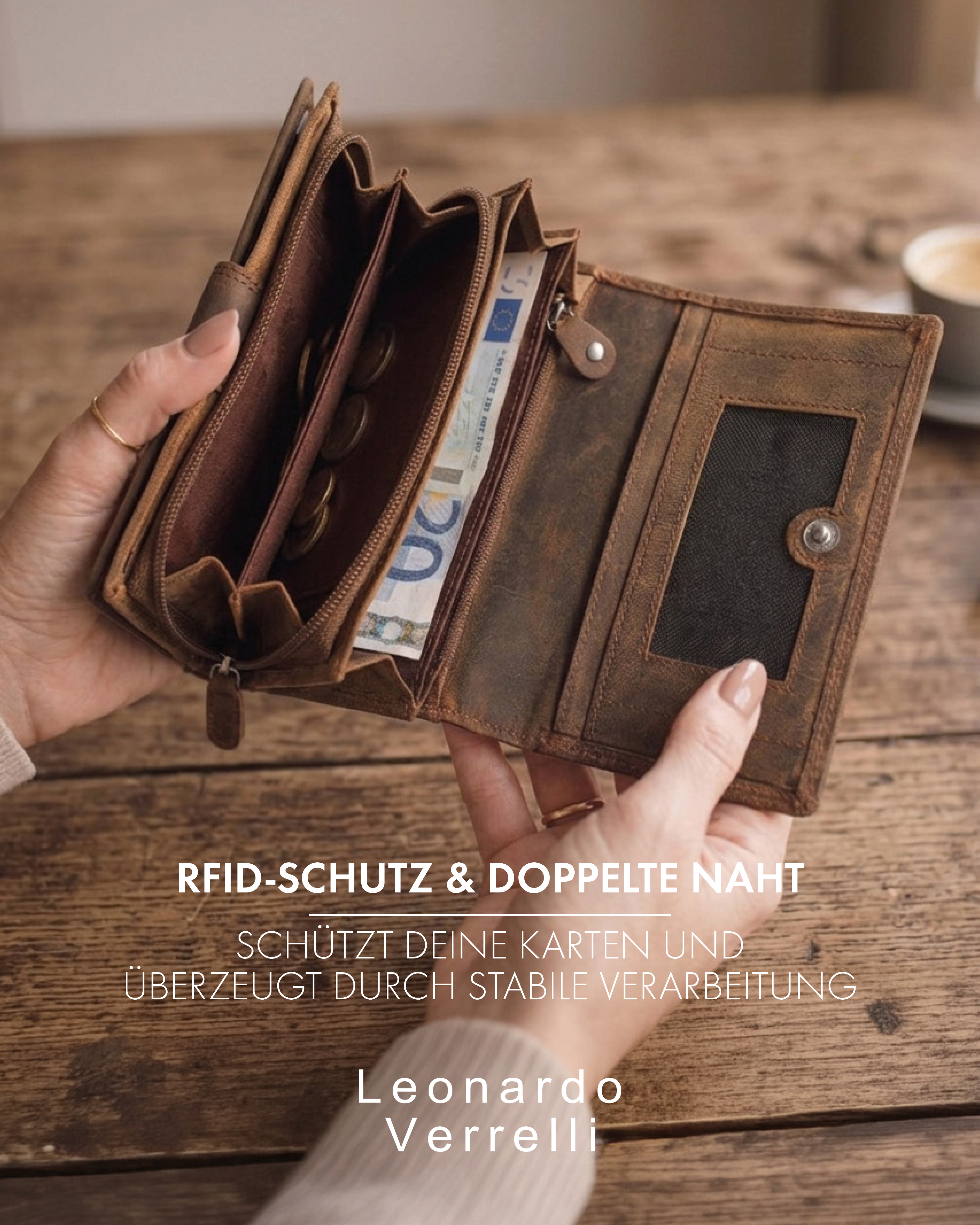 Leonardo Verrelli Echtleder (Hunter) Damen Geldbörse, Querformat, RFID, braun