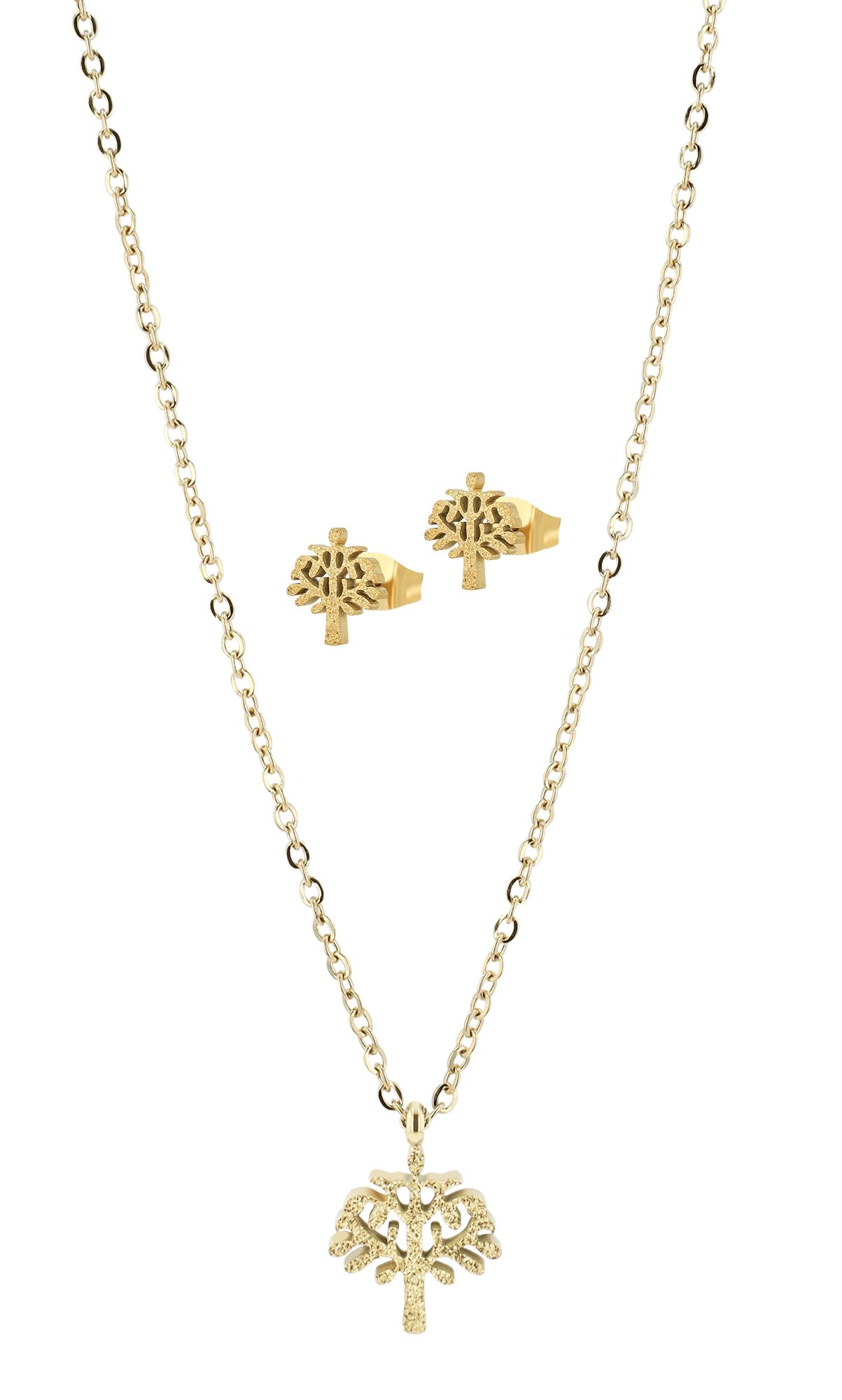 Akzent Schmuckset "Lea" aus Edelstahl, Halskette & Ohrstecker mit Lebensbaum, sandgestrahlt, goldfarben