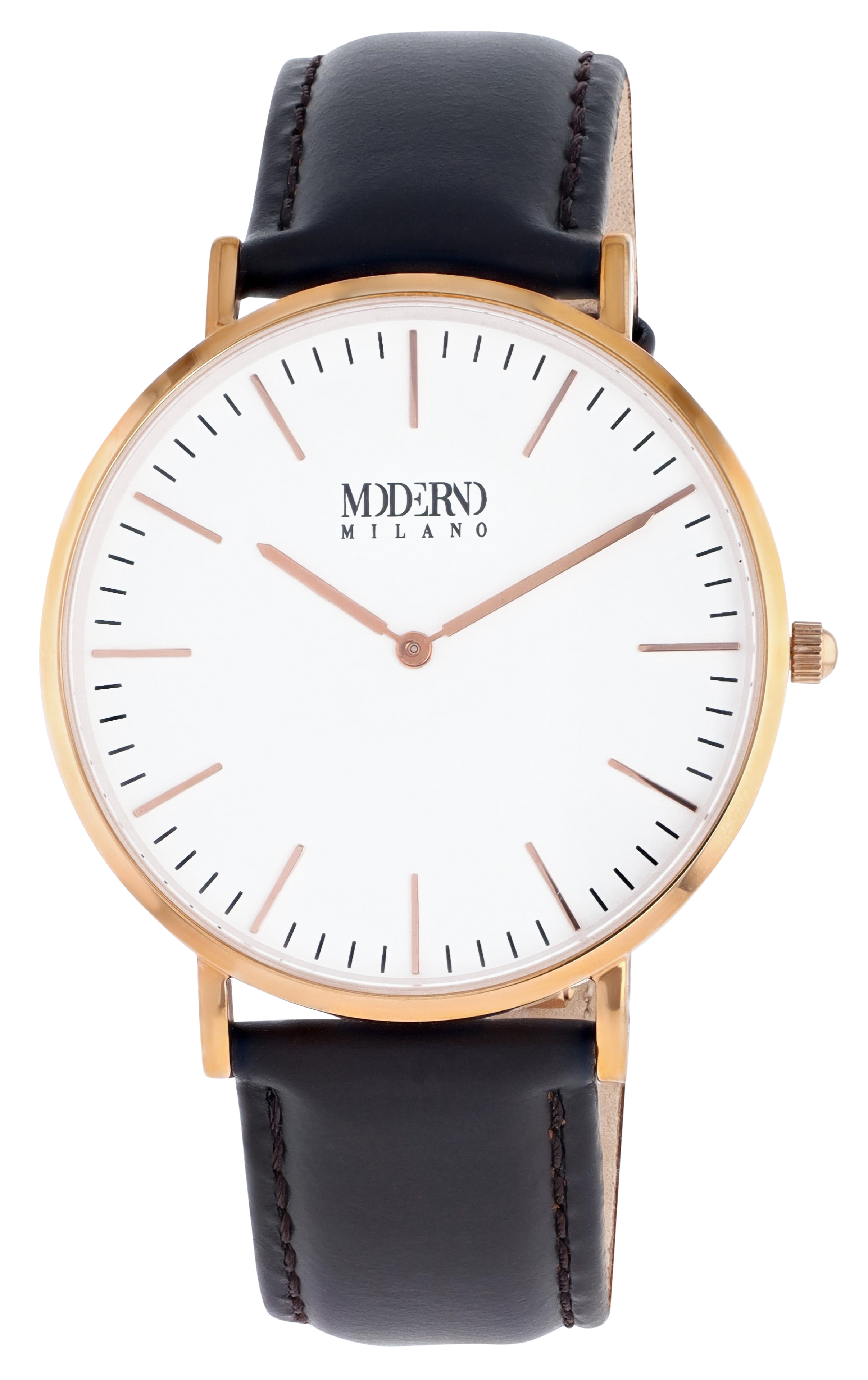 Moderno Milano Edelstahl Herrennuhr Ø 41 mm, Echtlederband, Saphirglas, dunkelbraun/ rosegoldfarben