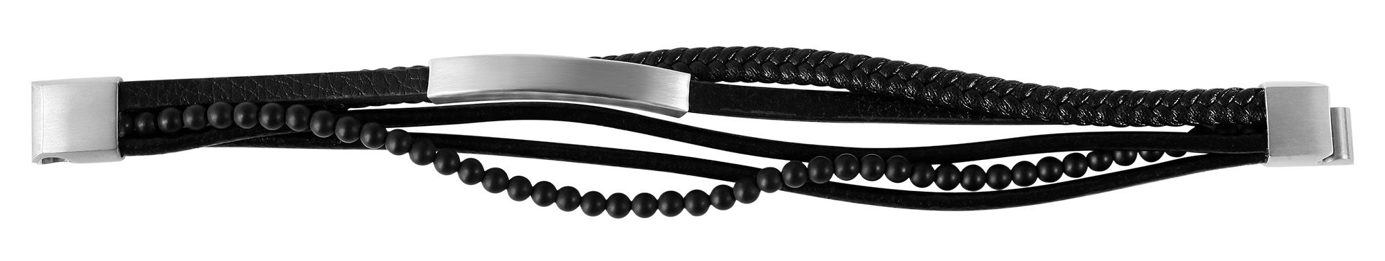 "Aegir" Lederimitat-Armband + Naturstein (Onyx), Gravurplatte, schwarz/silberfarbig, 21 cm