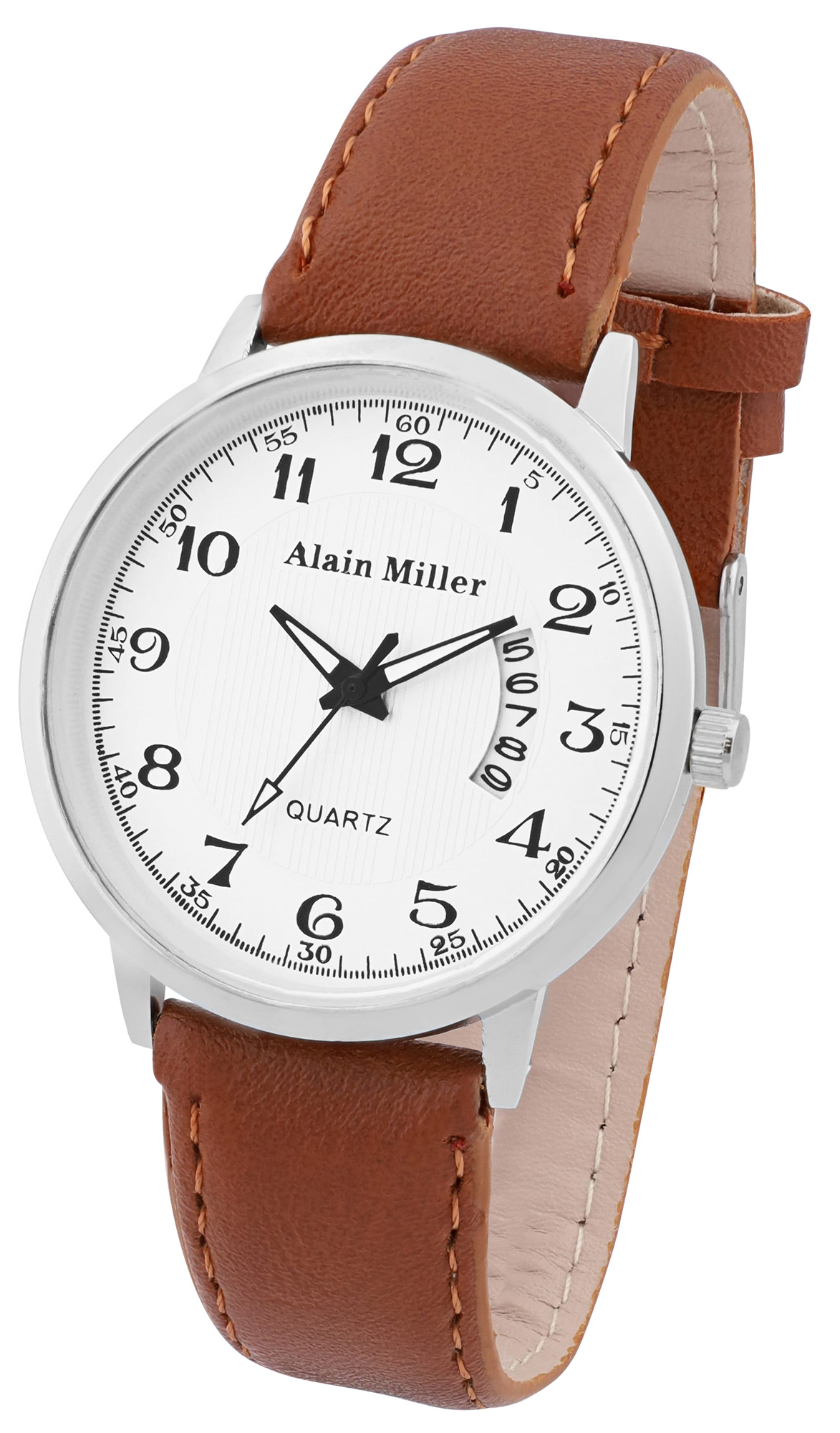 Alain Miller Herrenuhr mit Lederimitatband, Ø 40 mm, braun/ weiß
