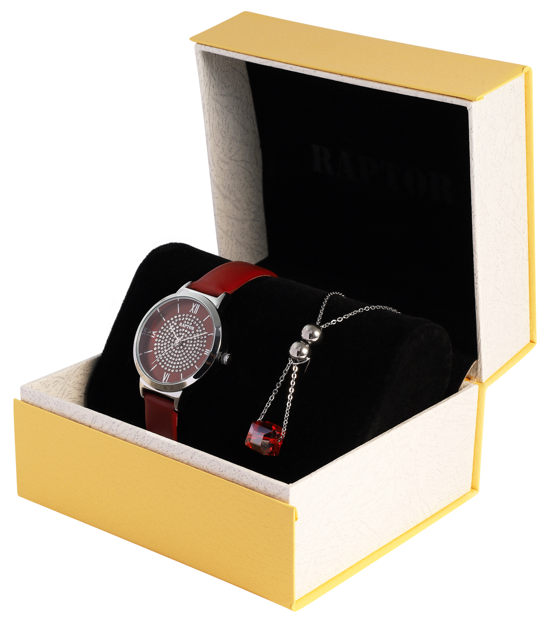 Raptor Damen Geschenkset - Damenuhr Echtlederband mit Edekstahlkette 43+5 cm & Anhänger