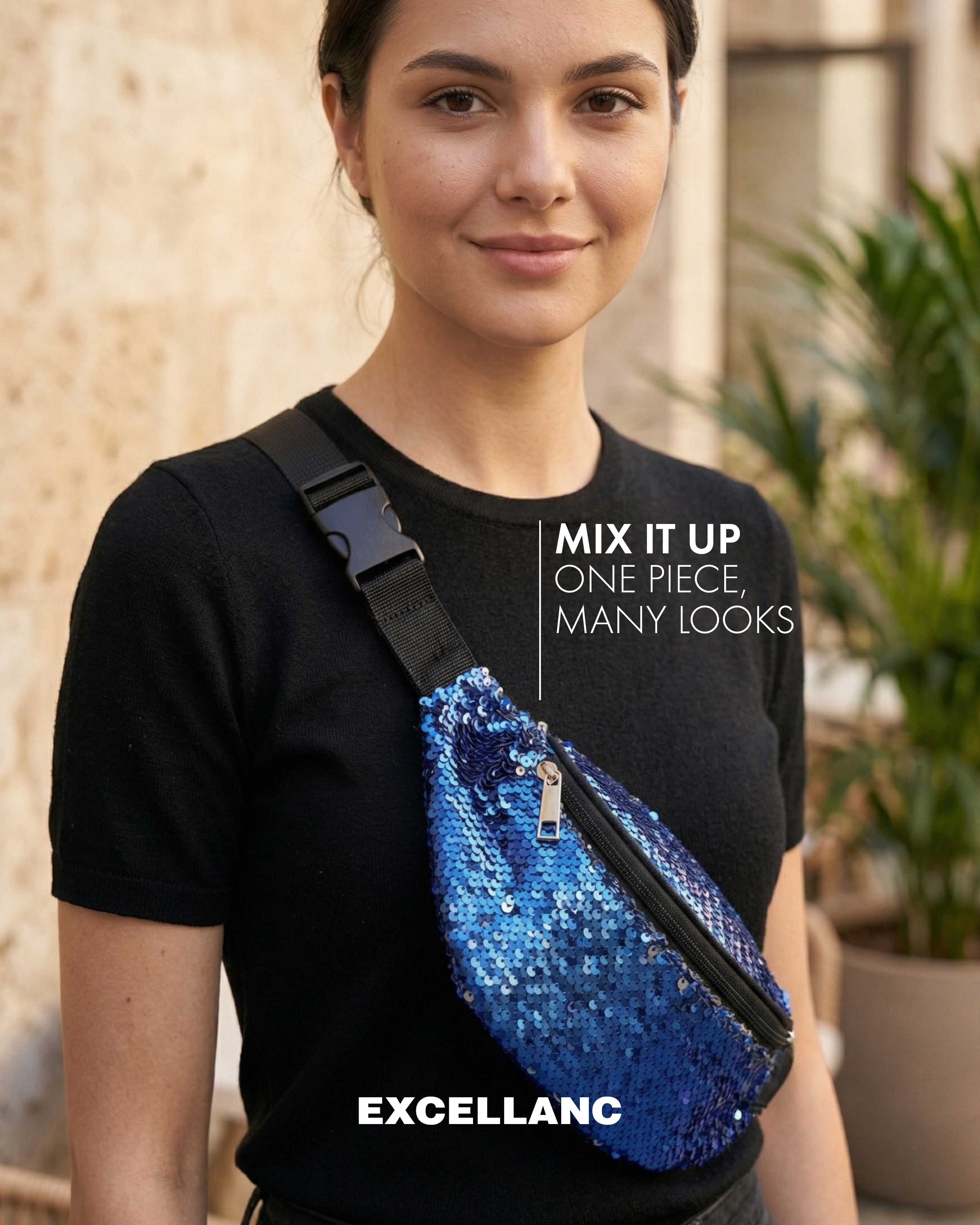 Gürteltasche mit blauen Pailetten