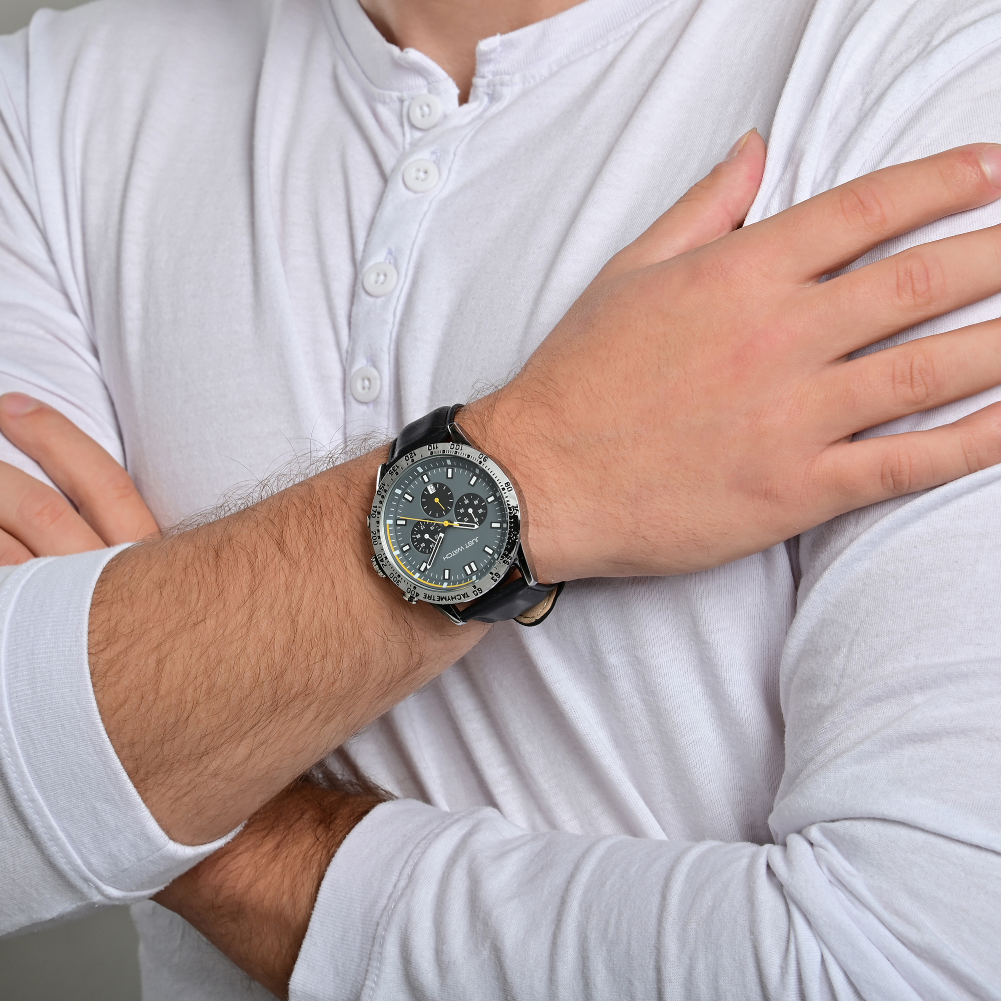 Just Watch Herrenchronograph mit Lederarmband, 5 ATM, schwarz