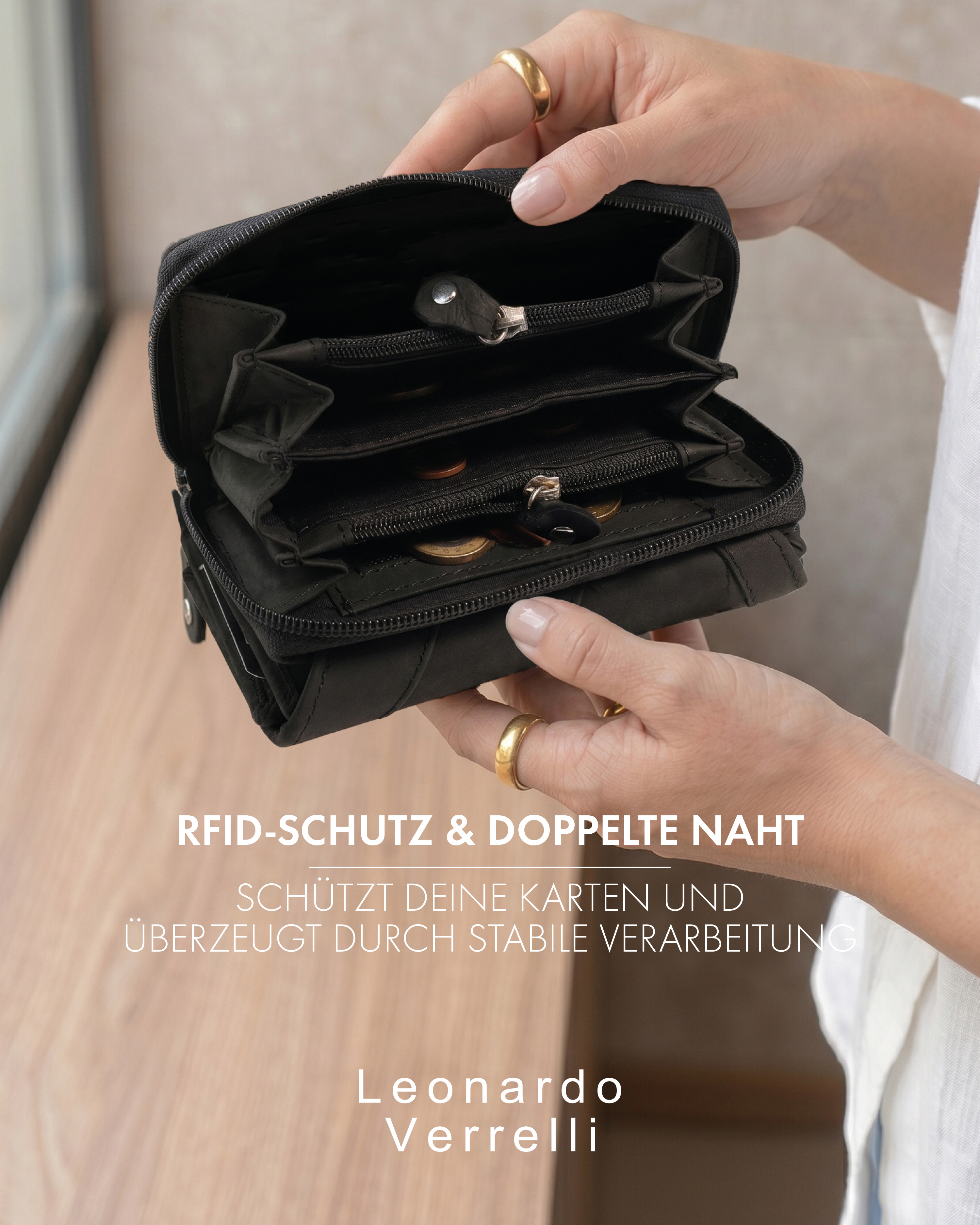 Leonardo Verrelli Echtleder (Hunter) Damen Geldbörse, Querformat, RFID, schwarz