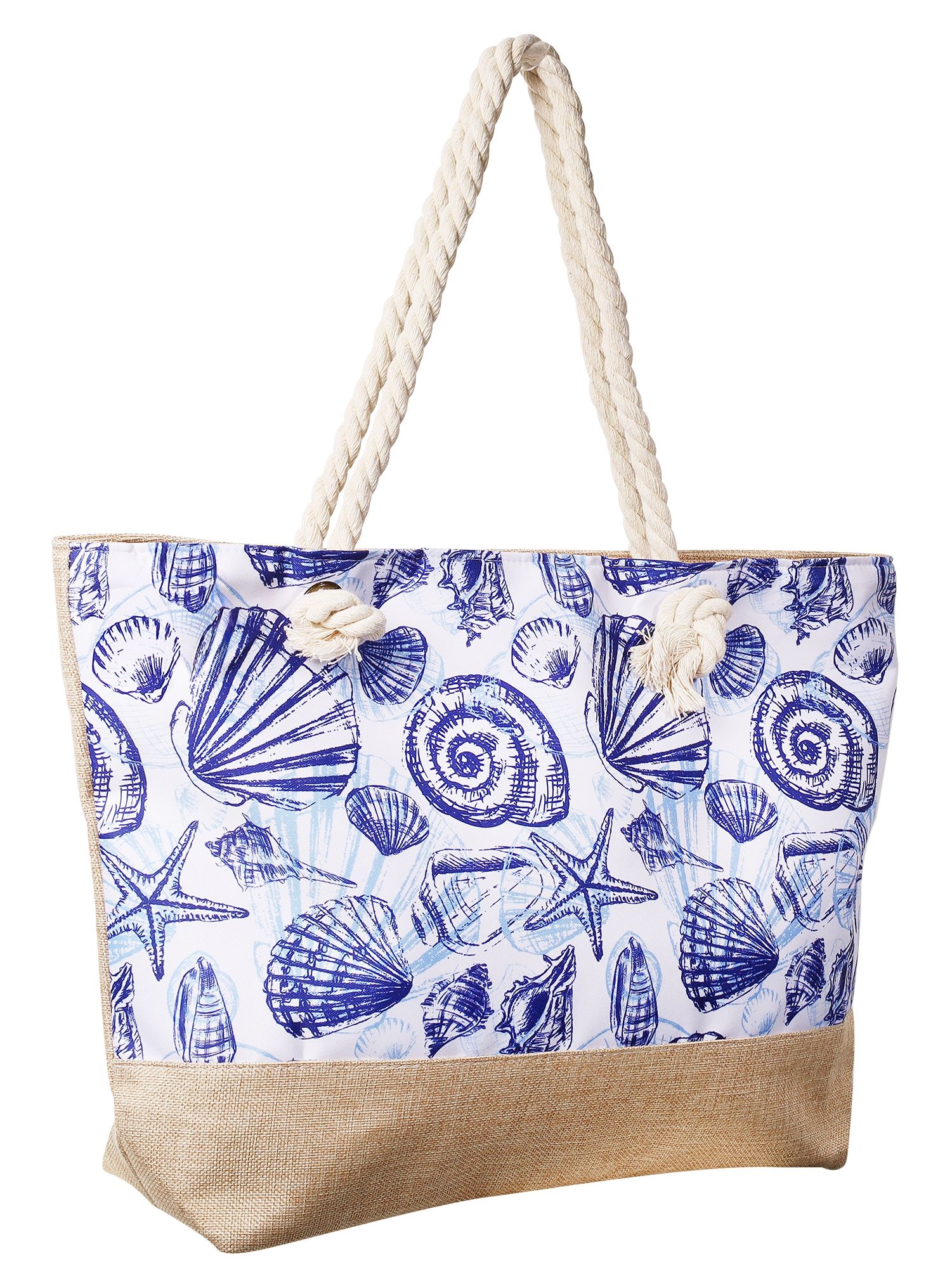 Strandtasche mit maritimen Motiven, weiß mit dunkelblauen Muscheln