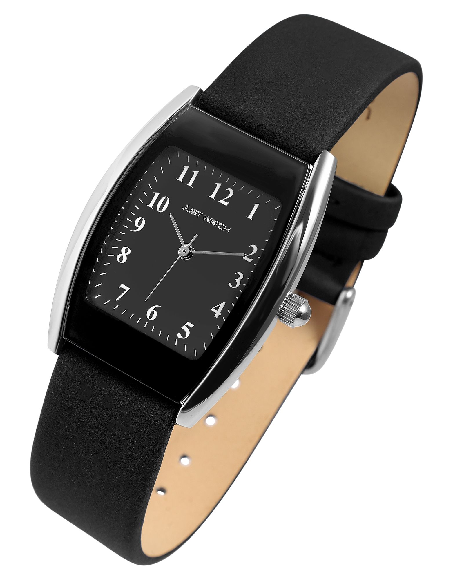 Just Watch Damenuhr mit Echtlederarmband, Tonneau, schwarz/silberfarben