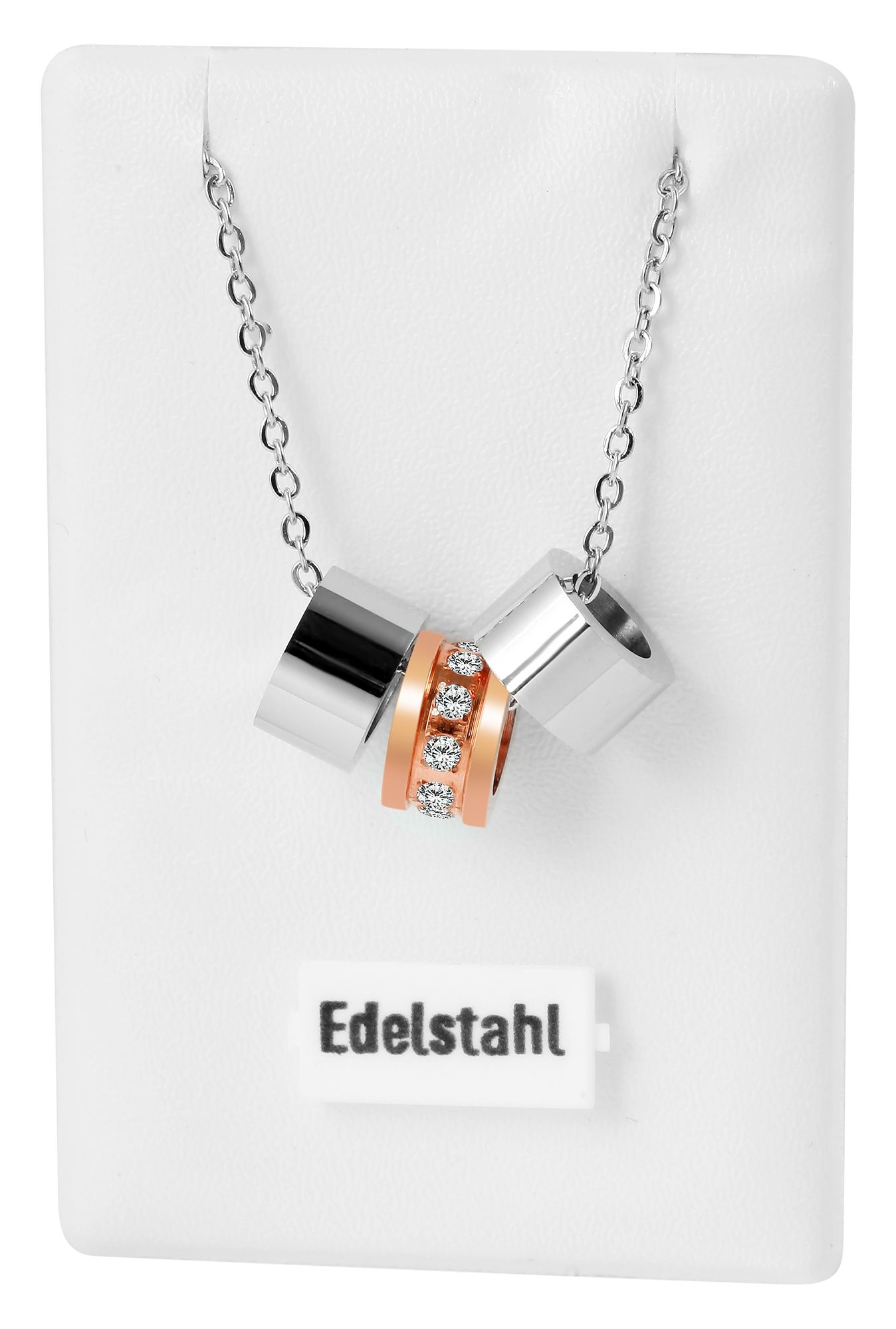Akzent Halskette mit drei Ringanhängern, Edelstahl, silber- & roségoldfarben