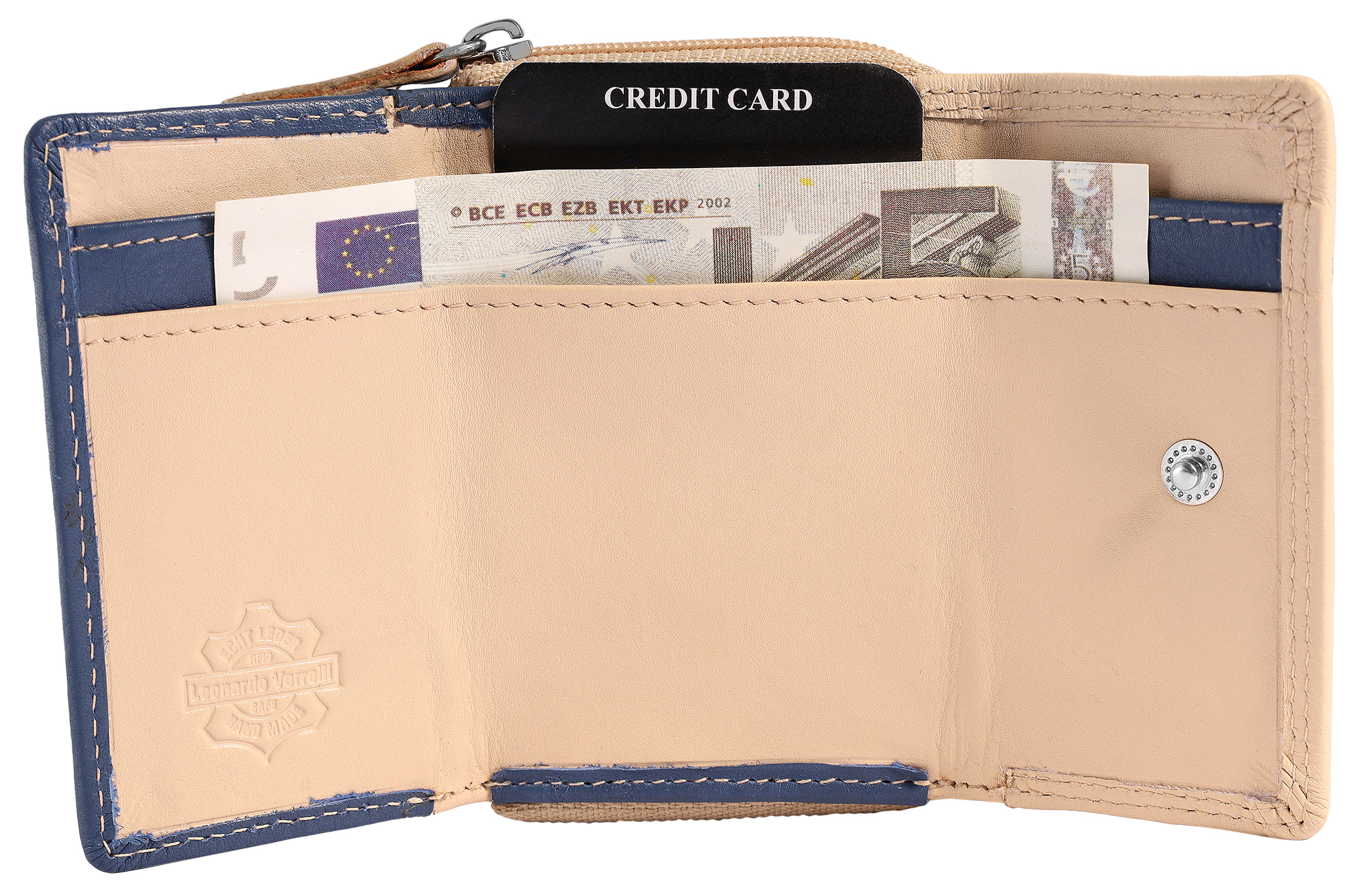 Leonardo Verrelli Echtleder (Nappa) Damen Geldbörse, klein, Querformat, RFID, beige/ blau