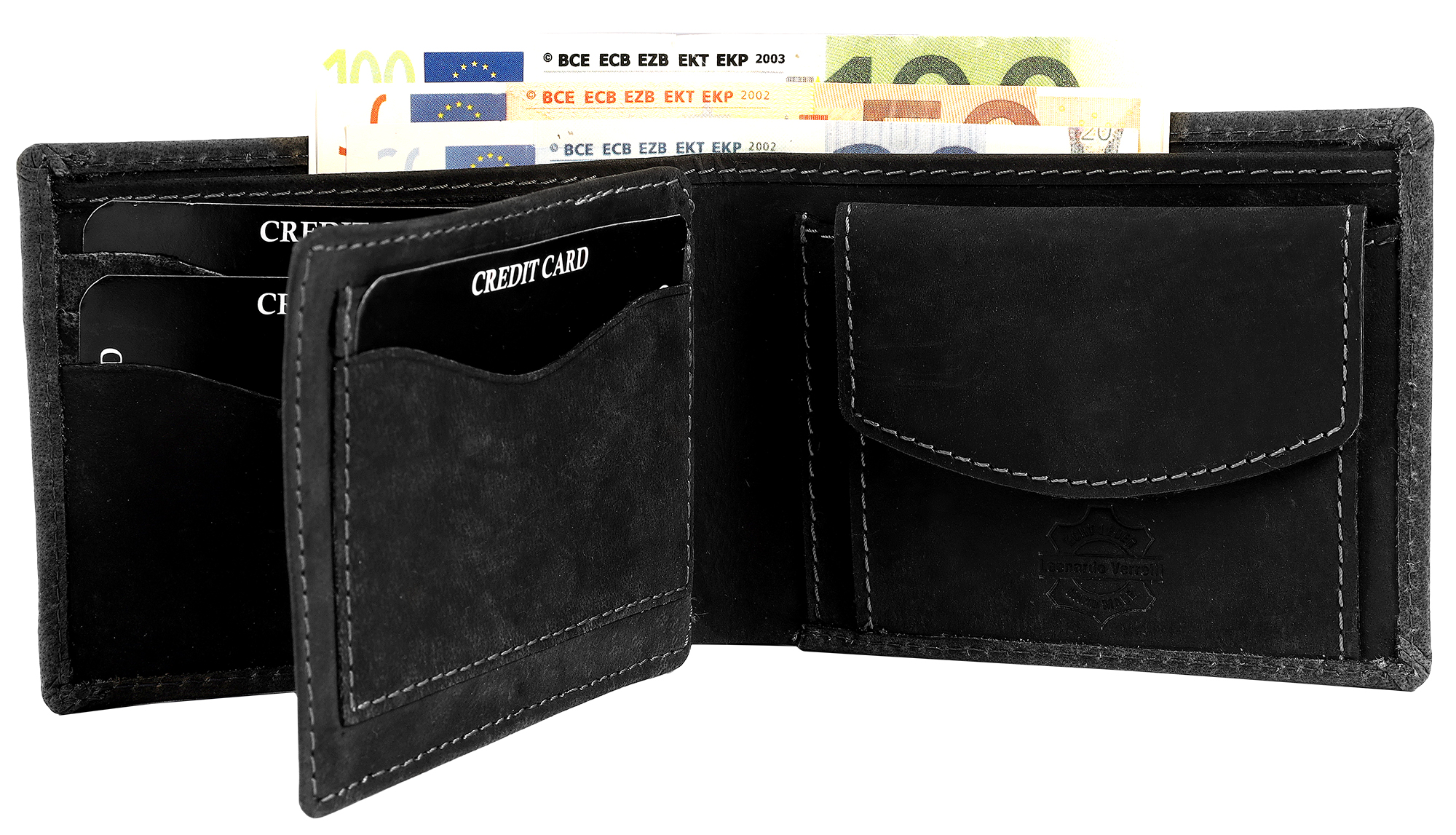 Leonardo Verrelli, Herren Echtleder Geldbörse, vintage, RFID, quer, schwarz